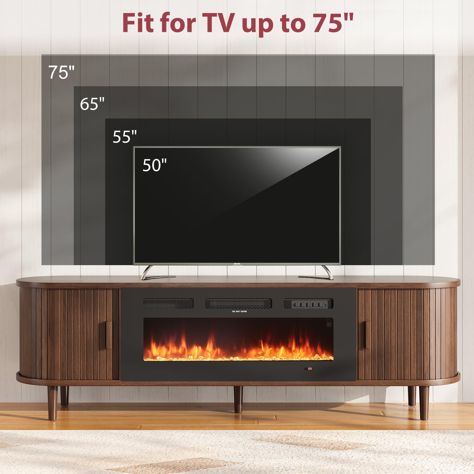 OneBlis 70" Mid Century Modern TV Stand with Fireplace, Fluted Fireplace TV Stand, Entertainment Center with Sliding Door, TV Console with Solid Wood Legs for Living Room, Walnut