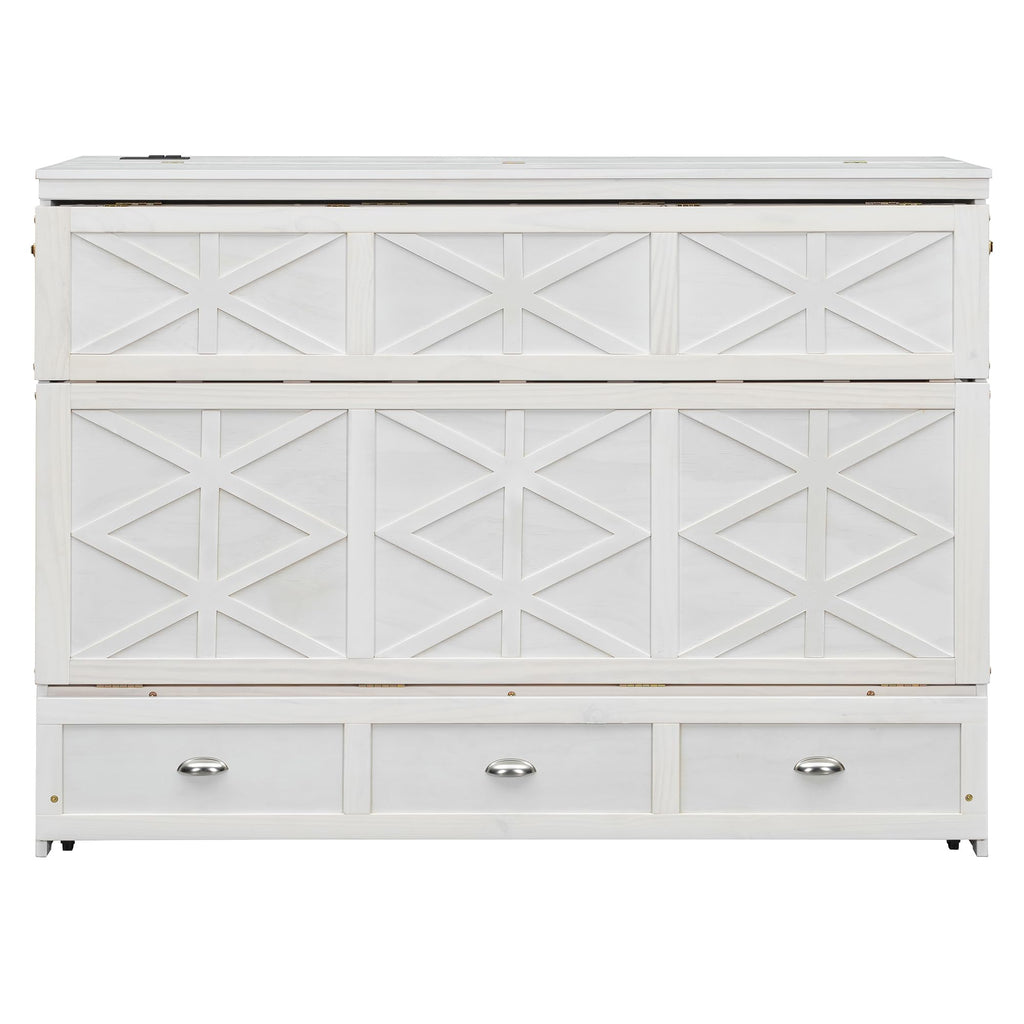 Merax Queen Size Murphy Bed Cabinet with Charging Station and Storage Drawer, Wooden Foldable Platform Bed Frame for Home Office Small Room, White