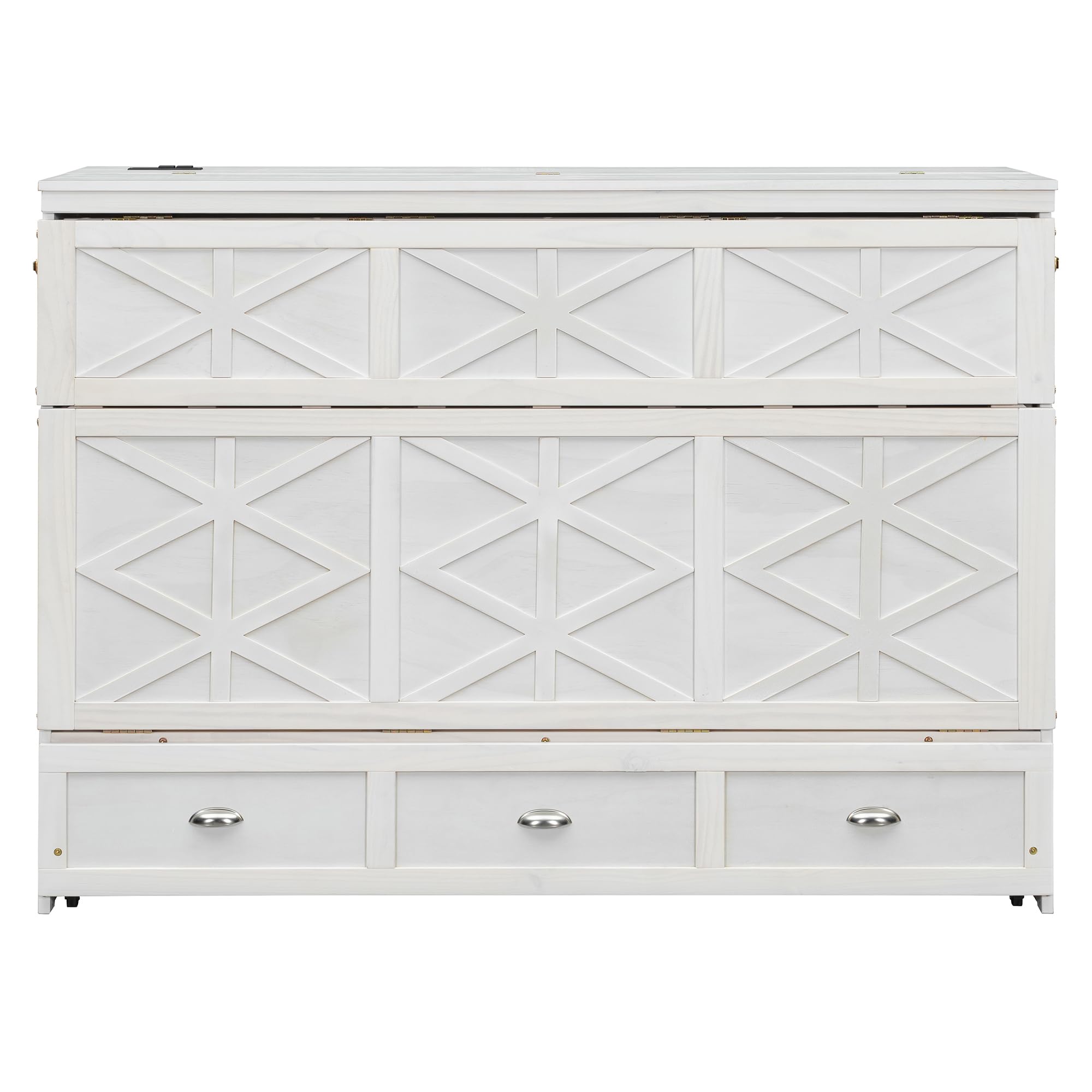 Merax Queen Size Murphy Bed Cabinet with Charging Station and Storage Drawer, Wooden Foldable Platform Bed Frame for Home Office Small Room, White