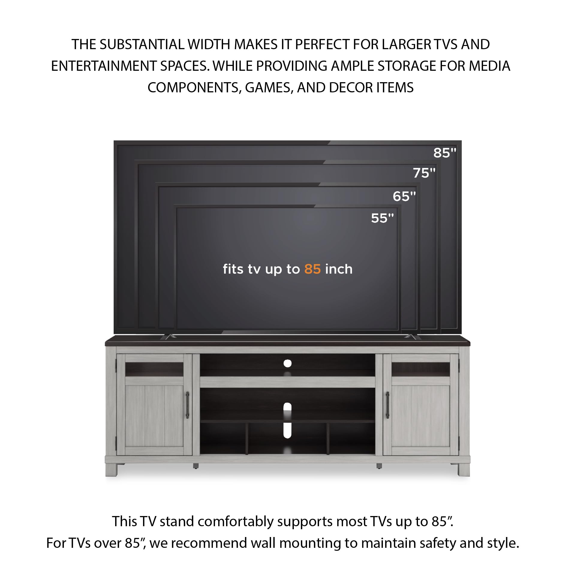 Signature Design by Ashley Darborn Farmhouse 88" TV Stand for TVs up to 101" with Adjustable Shelves, Cabinets, Cord Openings and Fireplace Option, Light Gray & Dark Brown