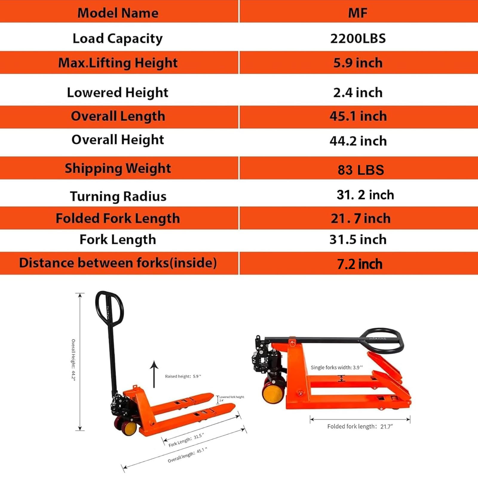 Tory Carrier Narrow Pallet Truck, Manual Hand Truck, Mini Pallet Jack, Foldable Handle and Forks 2200lbs Capacity 31.5" Lx15 W Froks