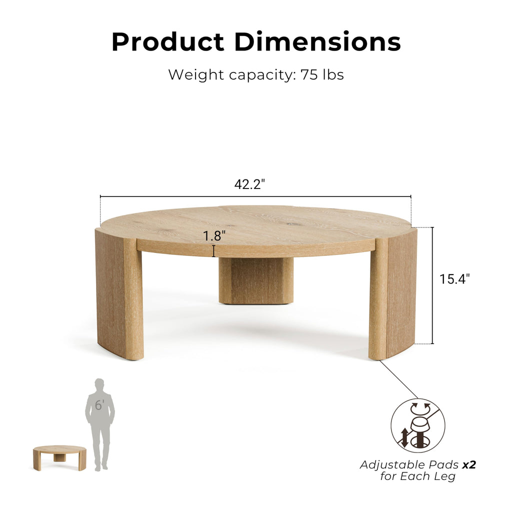 Furniture of America Carys 42” Round Coffee Table, Solid Rubberwood & Oak Veneer, Modern Wood Living Room Table with Plinth Base, Oak Finish