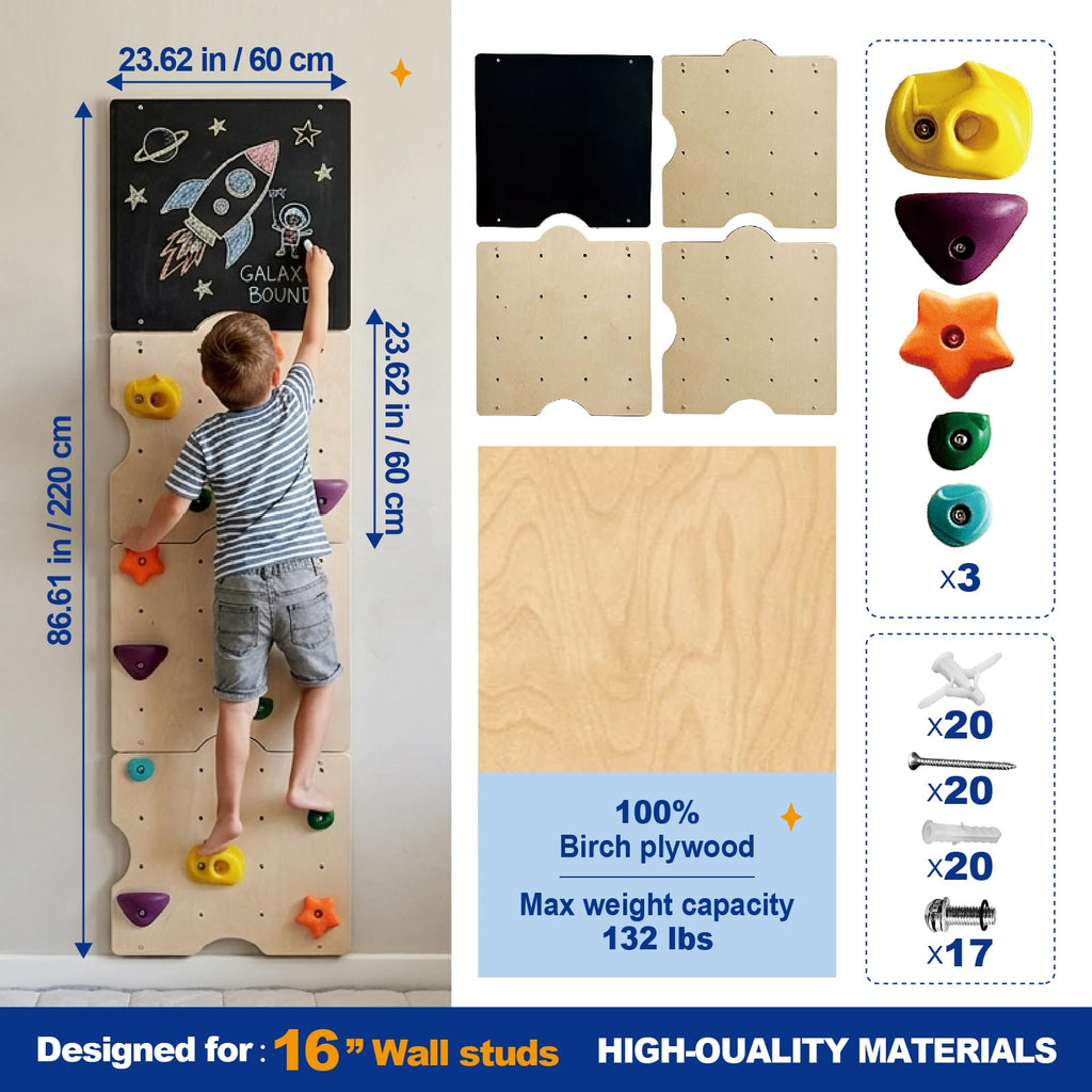 kidi house Rock Climbing Wall for Kids with 15 Rock Climbing Holds – Wooden Kids Indoor Climbing Wall with Drawing Blackboard, Pre-Drilled Nuts, Home Gym Kids Playroom Montessori Rock Wall Panel
