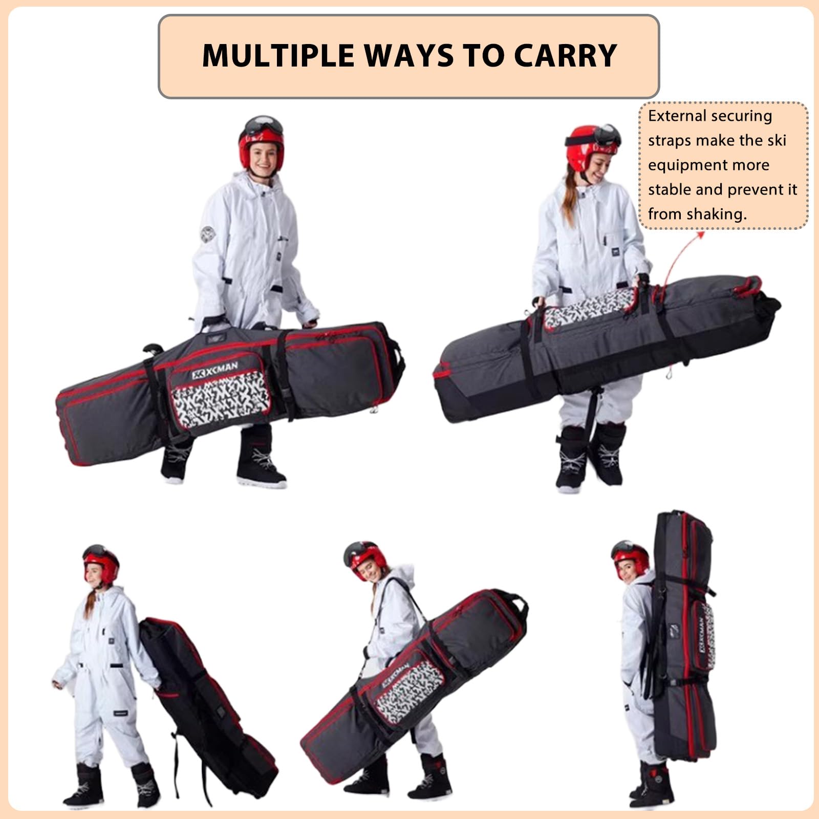 Padded Snowboard Bag with Wheels, Heavy-Duty Wheeled-Ski Travel Bag, Storage Ski Board Boots, Helmet, Jacket for Flying Air Travel, 65 Inch (Extendable to 80.7 Inch),Red