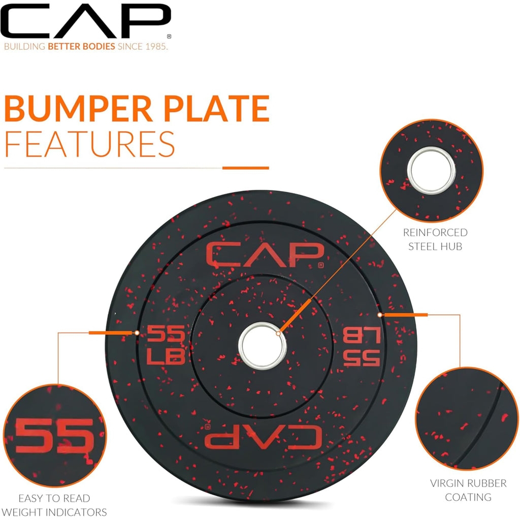 CAP Barbell 370 lb Economy - Speckled Olympic Plate Set with Traditional Plate Rack & Barbell Storage | 6 Weight Posts + 4 Barbell Holders