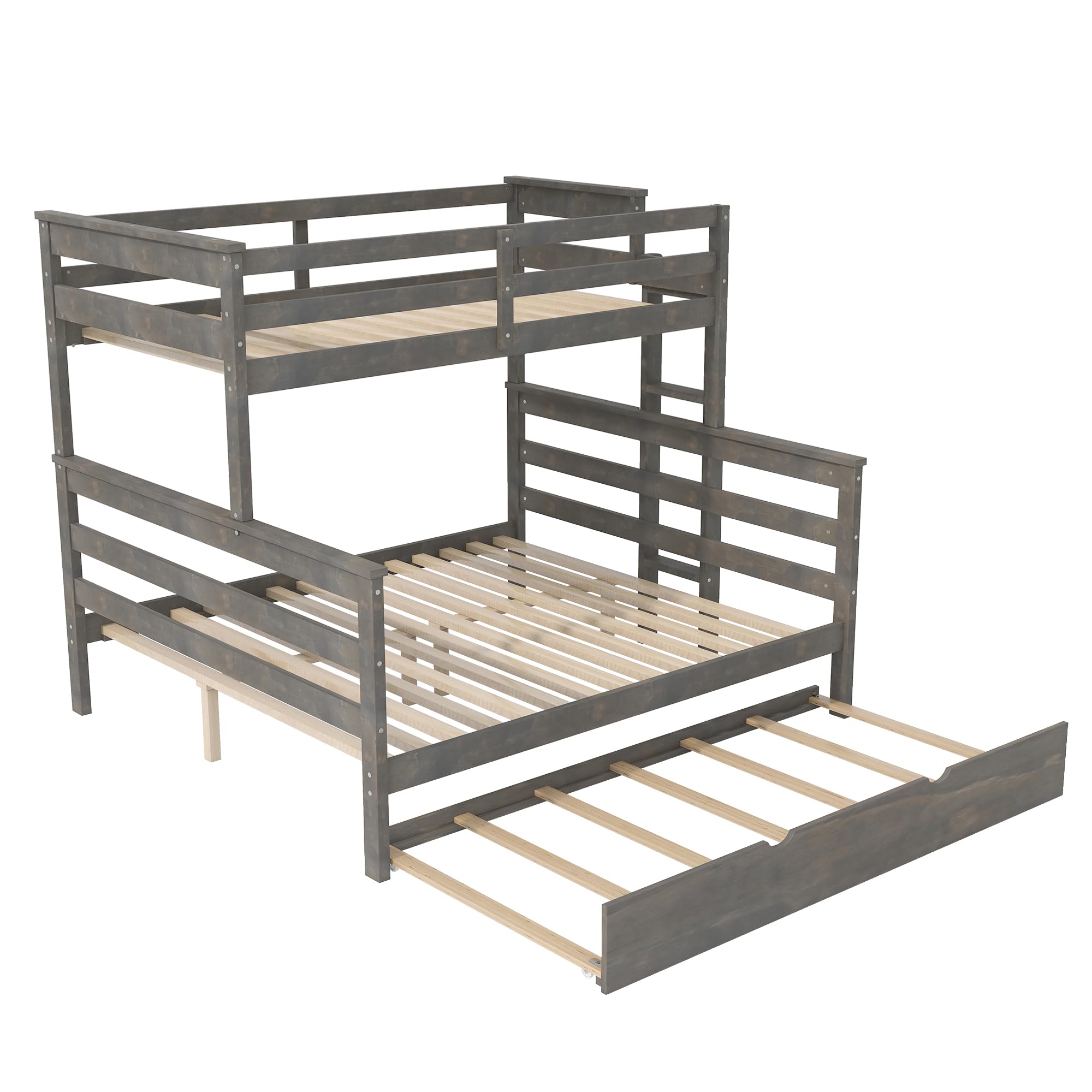 Merax Twin XL Over Queen Bunk Bed Wood Detachable Bunk Bed with Trundle & Ladder, Multifunction Bunk Bed,Can be Separated into 3 Beds, No Box Spring Needed,Space Saving,Gray