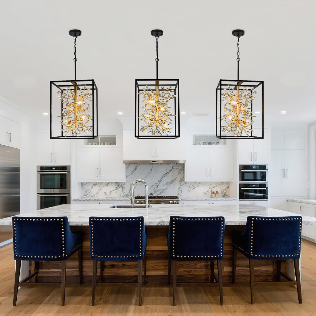 Vezzio Black and Gold Crystal Chandelier, 4-Light Modern Farmhouse Foyer Pendant Light for Entryway, Dining Room, Kitchen Island, Staircase, Hallway, H21 Inch