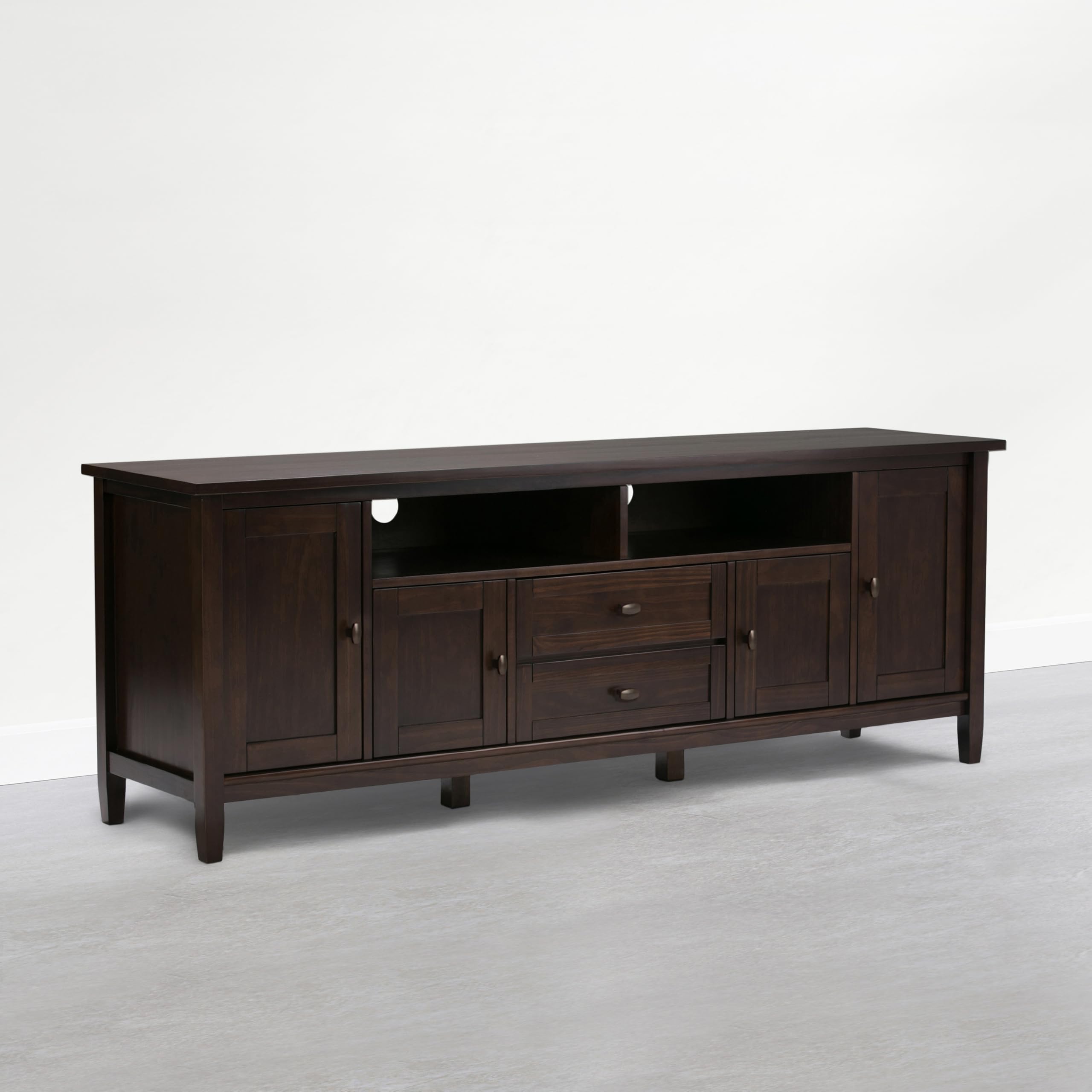 SIMPLIHOME Warm Shaker TV Stand - 72 inch Wide Solid Wood Media Console in Mocha Brown, Transitional Entertainment Center for Living Room for TVs up to 80 Inches with Cabinets and Cable Management