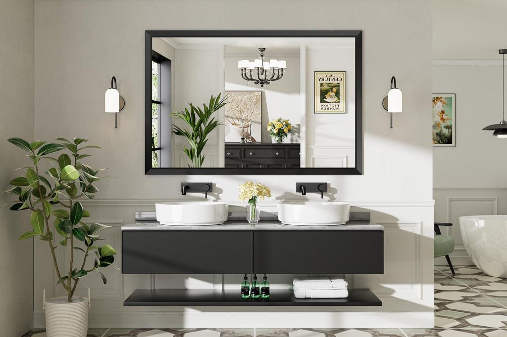 Briivue 60x40 Inch Black Bathroom Mirror for Wall, Thick Metal Framed Rectangle Mirrors for Over Sink, Bedroom, Living Room, Entryway, Anti-Rust, HD Tempered Glass