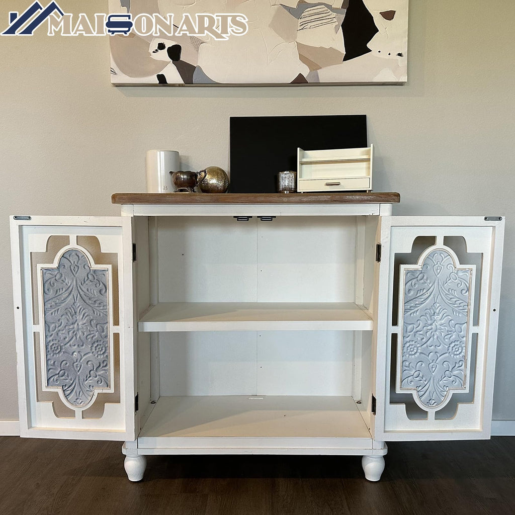 MAISON ARTS Accent Cabinet with 2 Doors, Farmhouse Decorative Storage Cabinet with Solid Wood Frame & Legs for Living Room Entryway Small Sideboard Buffet Cabinet, Metal Embossing Pattern