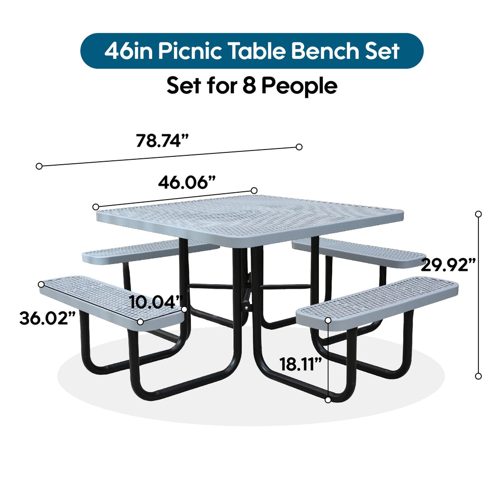 Sunnibety 8-Person Picnic Tables for Outdoors, Industrial 46" Expanded Metal Square Picnic Table with 4 Benches & Umbrella Hole, Outside Table and Bench Set for Garden, Backyard, Porch, Patio, Grey
