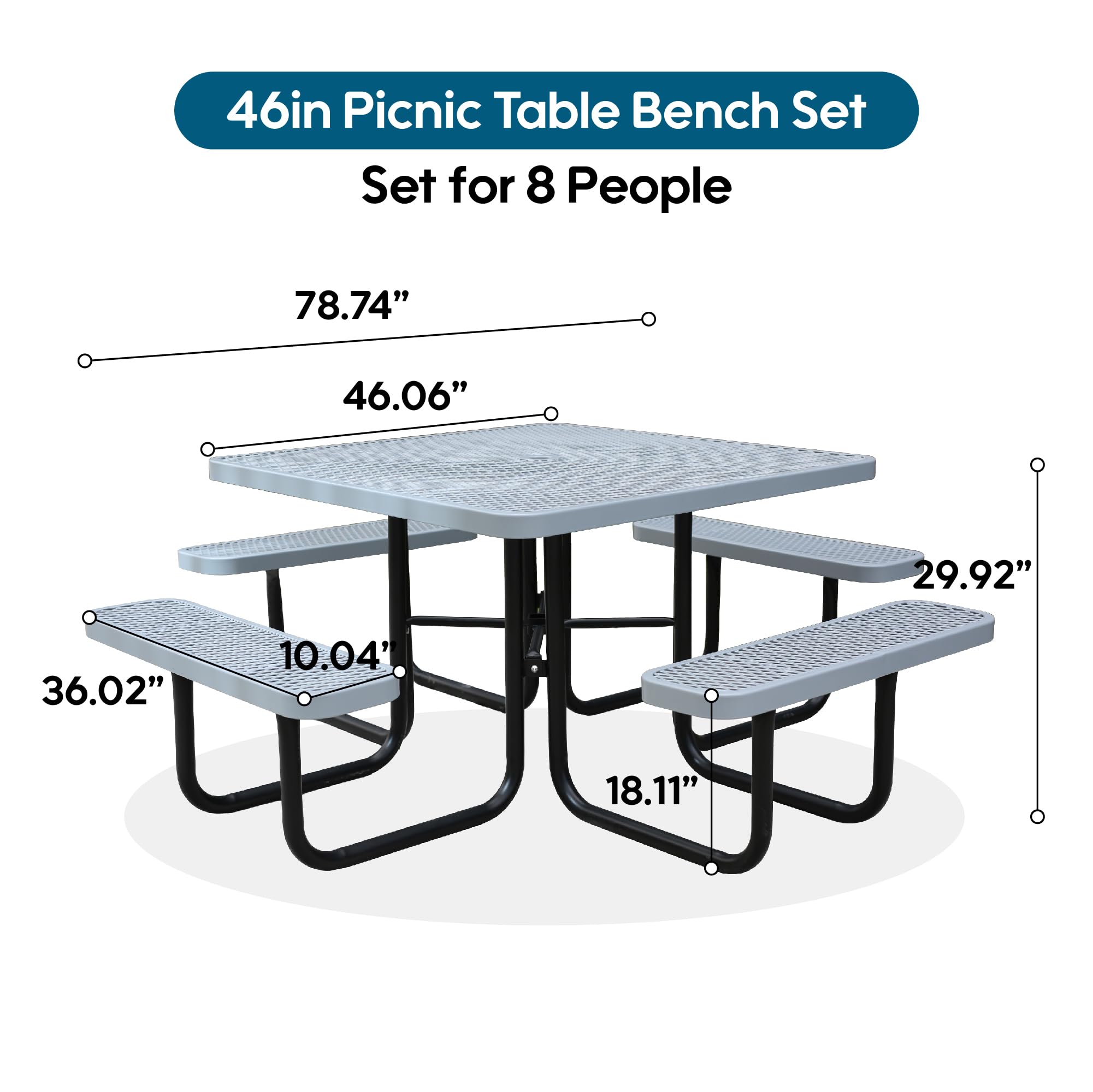 Sunnibety 8-Person Picnic Tables for Outdoors, Industrial 46" Expanded Metal Square Picnic Table with 4 Benches & Umbrella Hole, Outside Table and Bench Set for Garden, Backyard, Porch, Patio, Grey