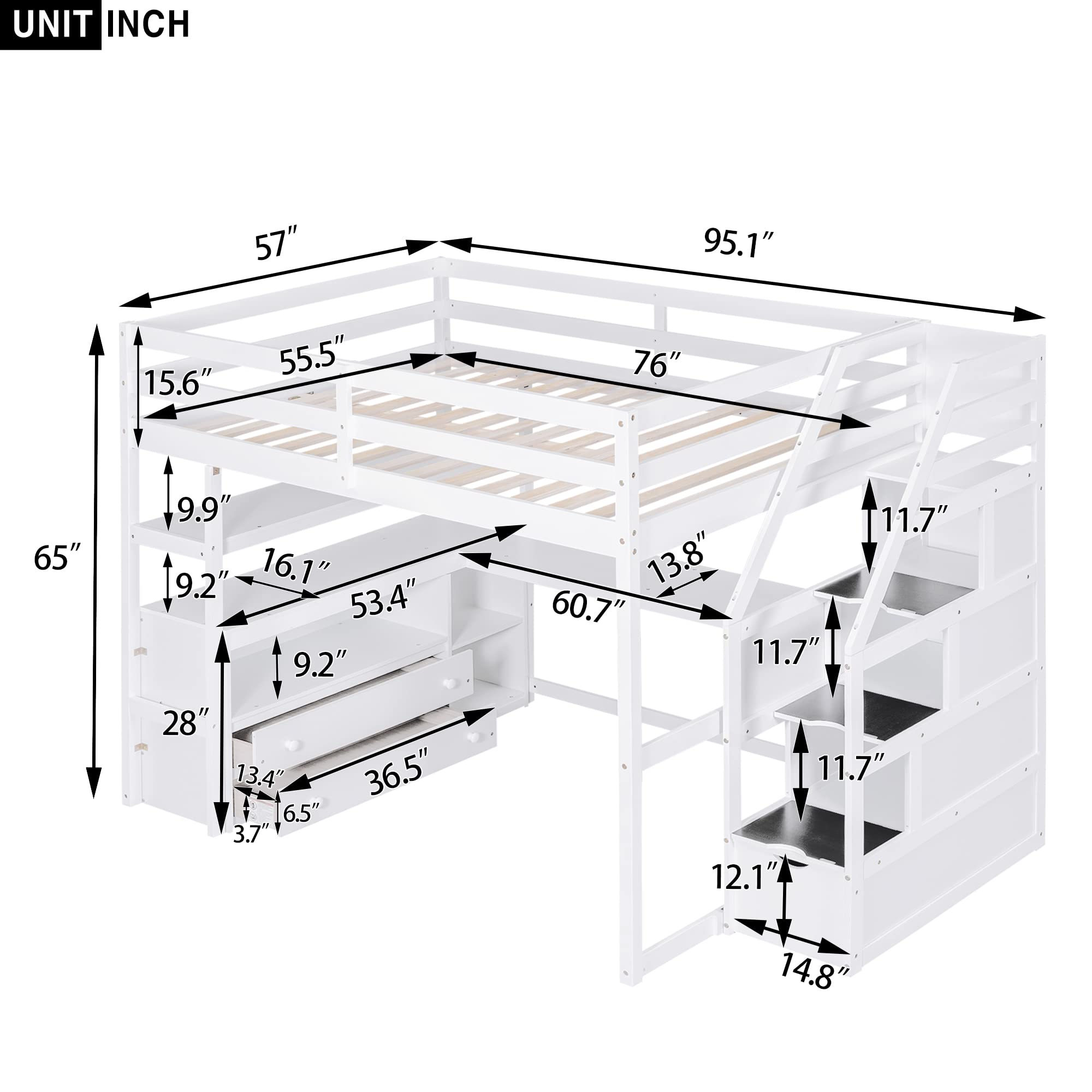 Merax Stairway Loft Bed with L Shape, Shelves, Two Tier Drawers and Storage, White Platform, Full Loft w/Desk and Staircase