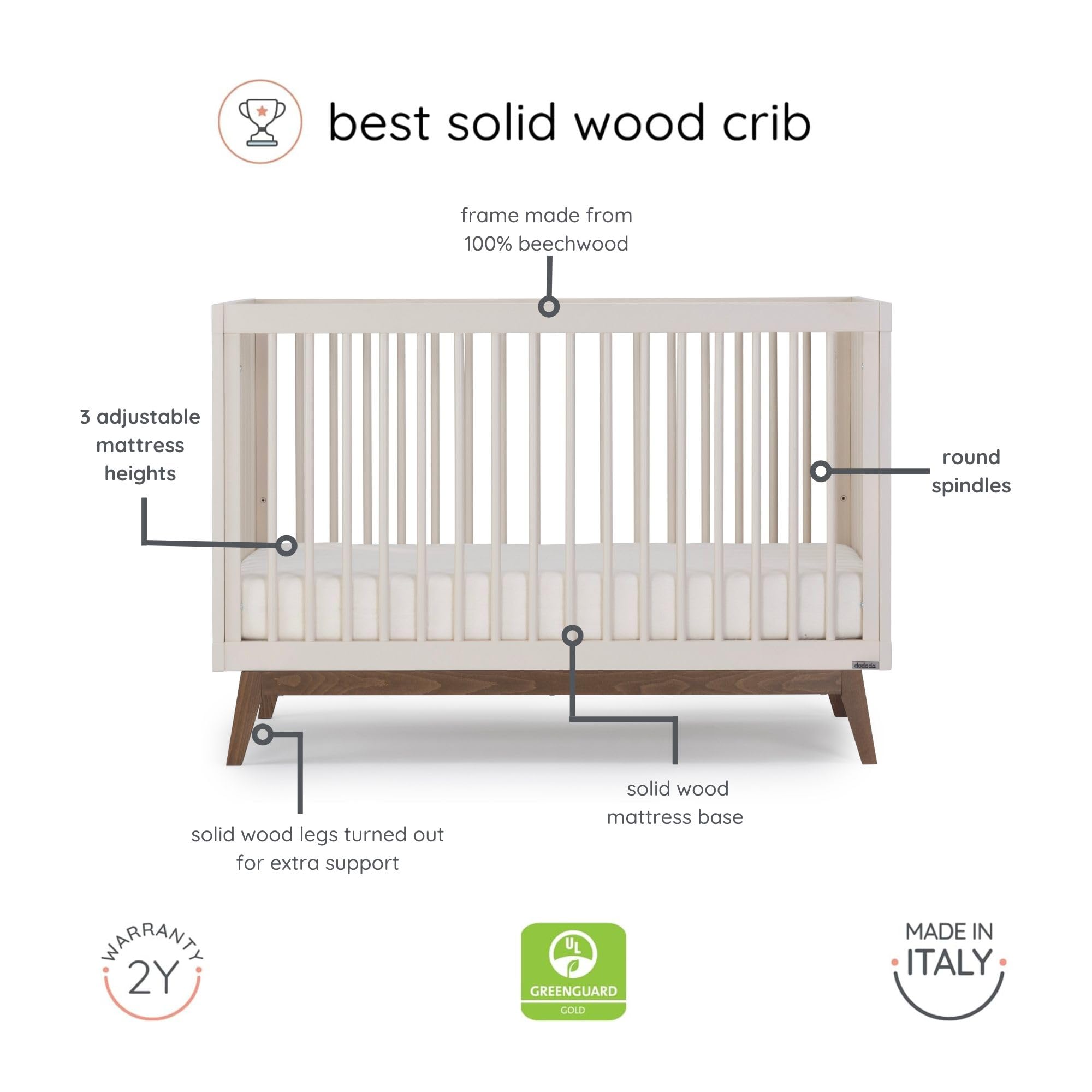 dadada Baby Soho 3-in-1 Convertible Wooden Crib to Toddler Bed - Made in Italy, GREENGUARD Gold Certified, Baby-Safe Finish, Handcrafted Beechwood, Modern Design, 3 Adjustable Heights (Almond Milk)