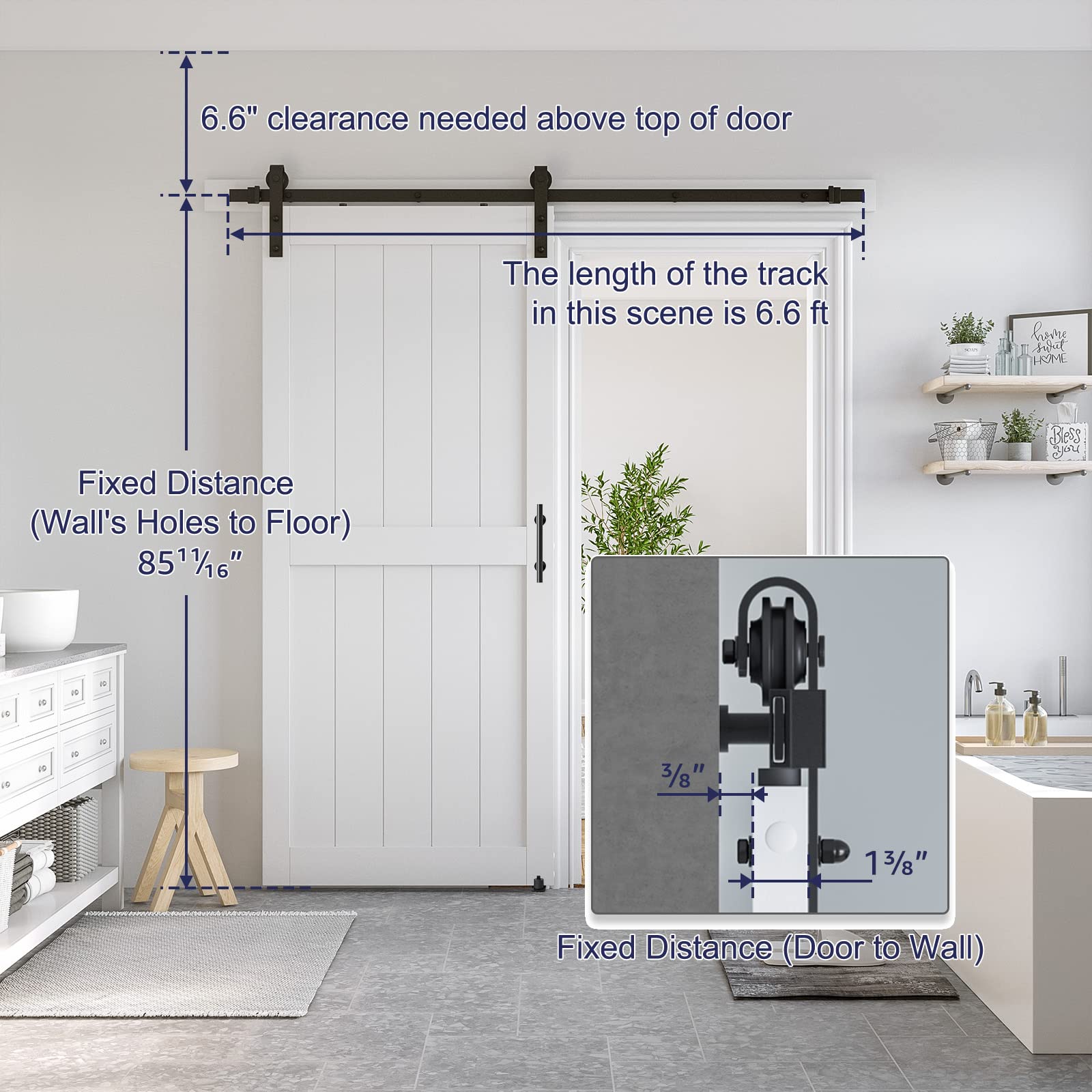 SmartStandard 38 x 84 inch White Sliding MDF Barn Door with 6.6FT Black Sliding Door Hardware Kit & Handle, Pre-Drilled Ready to Assemble, Waterproof PVC Coating, H-Frame