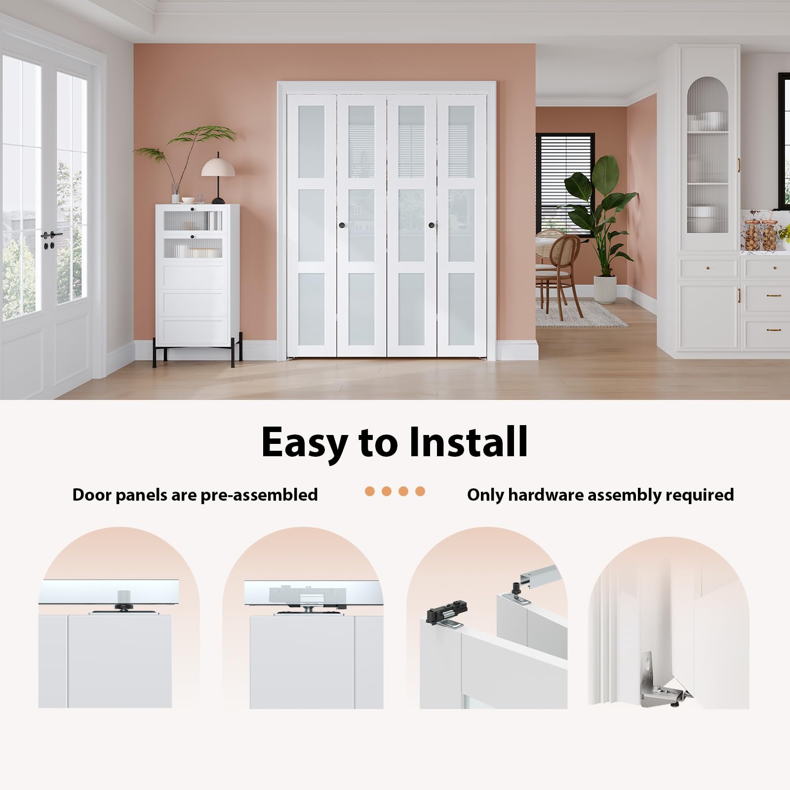 EaseLife Preassembled Bi-Fold Doors, for 48"x 80" Opening,Tempered Frosted Glass Closet Folding Barn Door with Concealed Hardware Kit,MDF Wood Panel,Water-Proof PVC Surface,Easy Installation