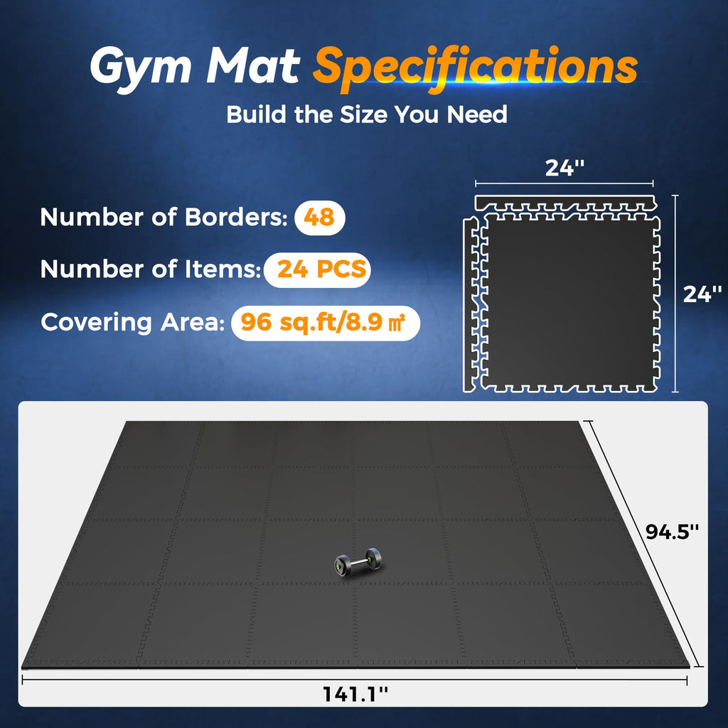SUPERJARE 1" Extra-Thick Rubber Top Exercise Mat, Puzzle Gym Flooring for Home Gym, Gym Mat for Workout Equipment, Interlocking Floor Tiles with EVA Foam, 24 Pcs 96 Sq Ft, Black