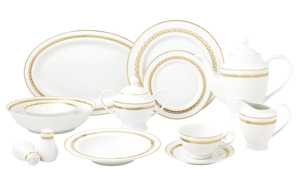 Stylish and Elegant 57 Pieces Bone China Dinnerware Set Service for 8 People - Gold