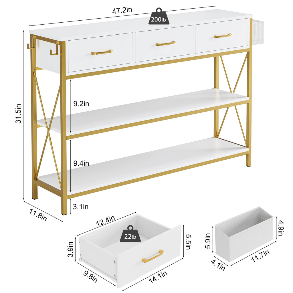 HITHOS Tall Bookshelf, Industrial Console Table with Drawers and Ladder Shelves, Free Standing Storage Cabinet Kitchen Bakers Rack with Microwave Oven Stand for Home Office, White Gold