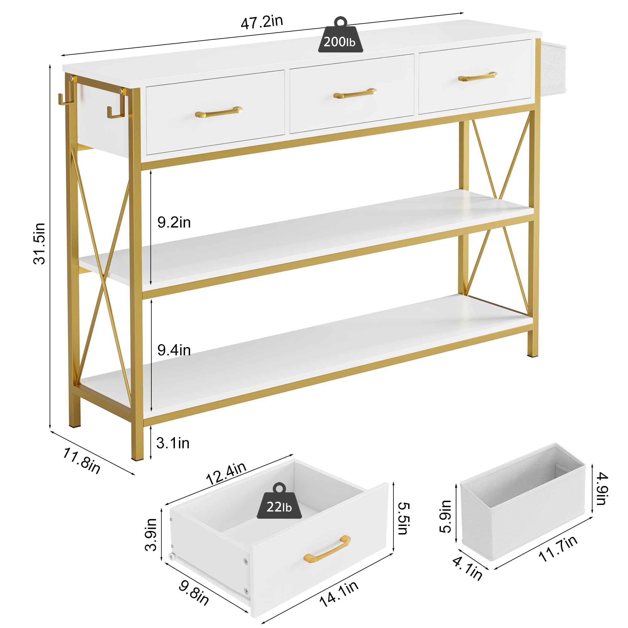 HITHOS Tall Bookshelf, Industrial Console Table with Drawers and Ladder Shelves, Free Standing Storage Cabinet Kitchen Bakers Rack with Microwave Oven Stand for Home Office, White Gold