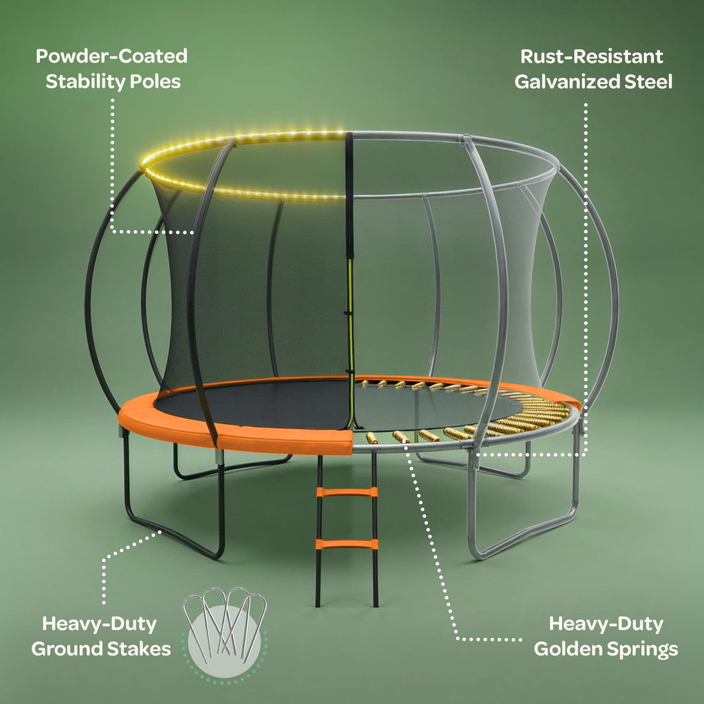 JoyBerri Trampoline Outdoor - Upsurge ASTM Certified Safe 8Ft 10Ft 12Ft 14Ft 15Ft 16Ft Recreational Trampoline for Kids and Adults. Anti-Rust Coating with Enclosure Net, Ladder, Sprinkler & LED Lights