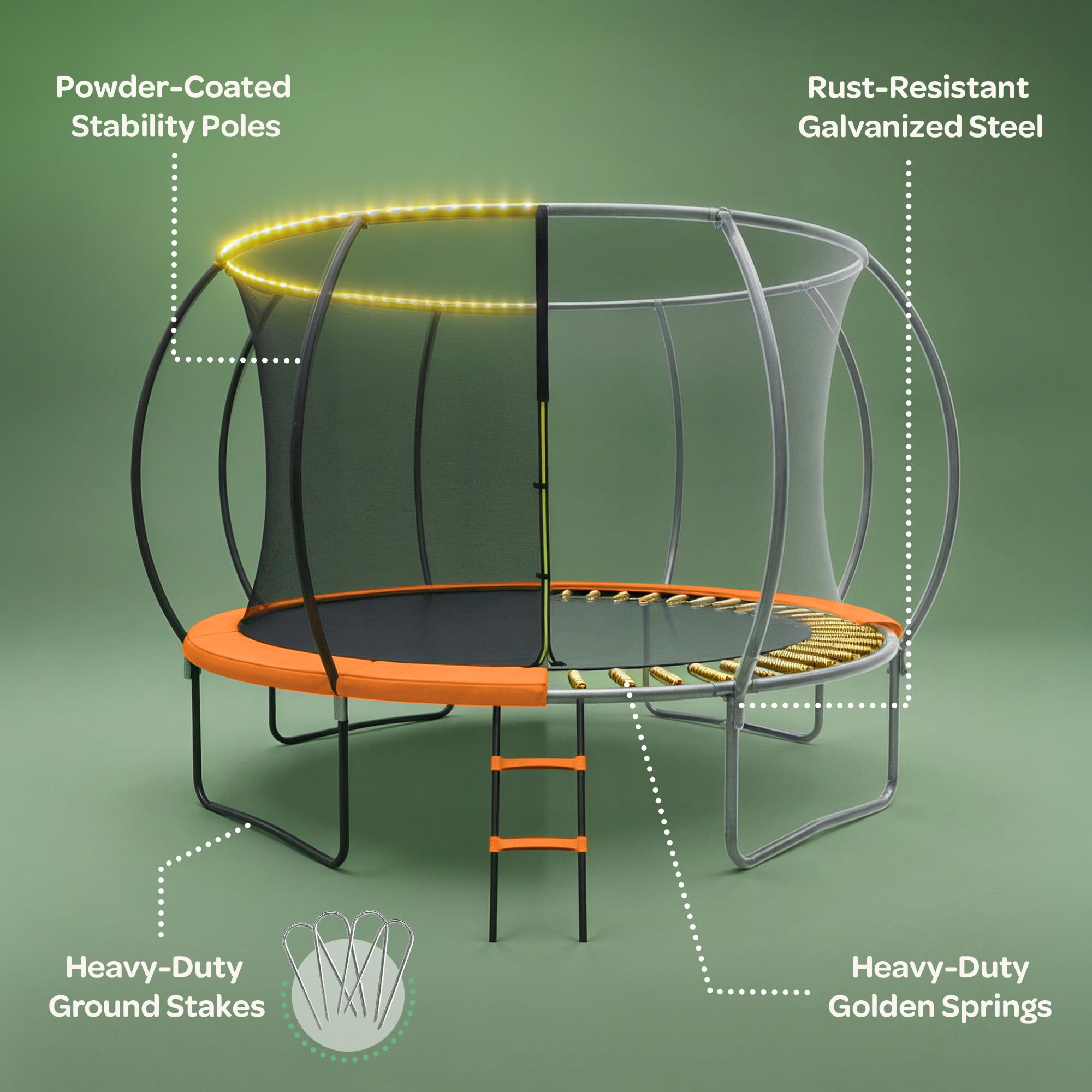 JoyBerri Trampoline Outdoor - Upsurge ASTM Certified Safe 8Ft 10Ft 12Ft 14Ft 15Ft 16Ft Recreational Trampoline for Kids and Adults. Anti-Rust Coating with Enclosure Net, Ladder, Sprinkler & LED Lights