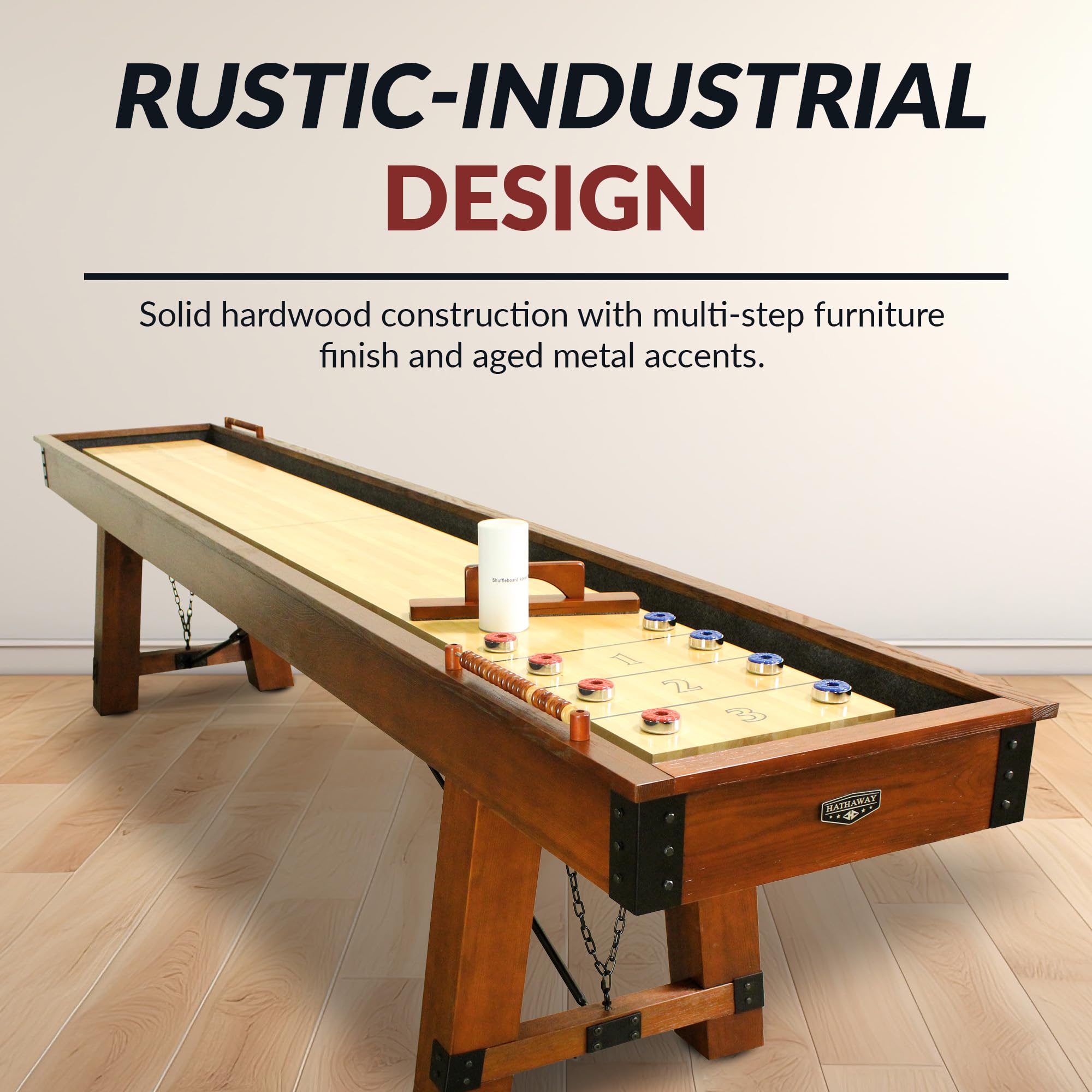 Hathaway Cheyenne 12 Ft Shuffleboard Table for Family Arcade Game Room - with Poly-Coated Playfield, Built-in Scorer & Cabinet, Climate Adjusters, Leg Levelers, 8 Pucks, Brush & Wax – Rustic Oak