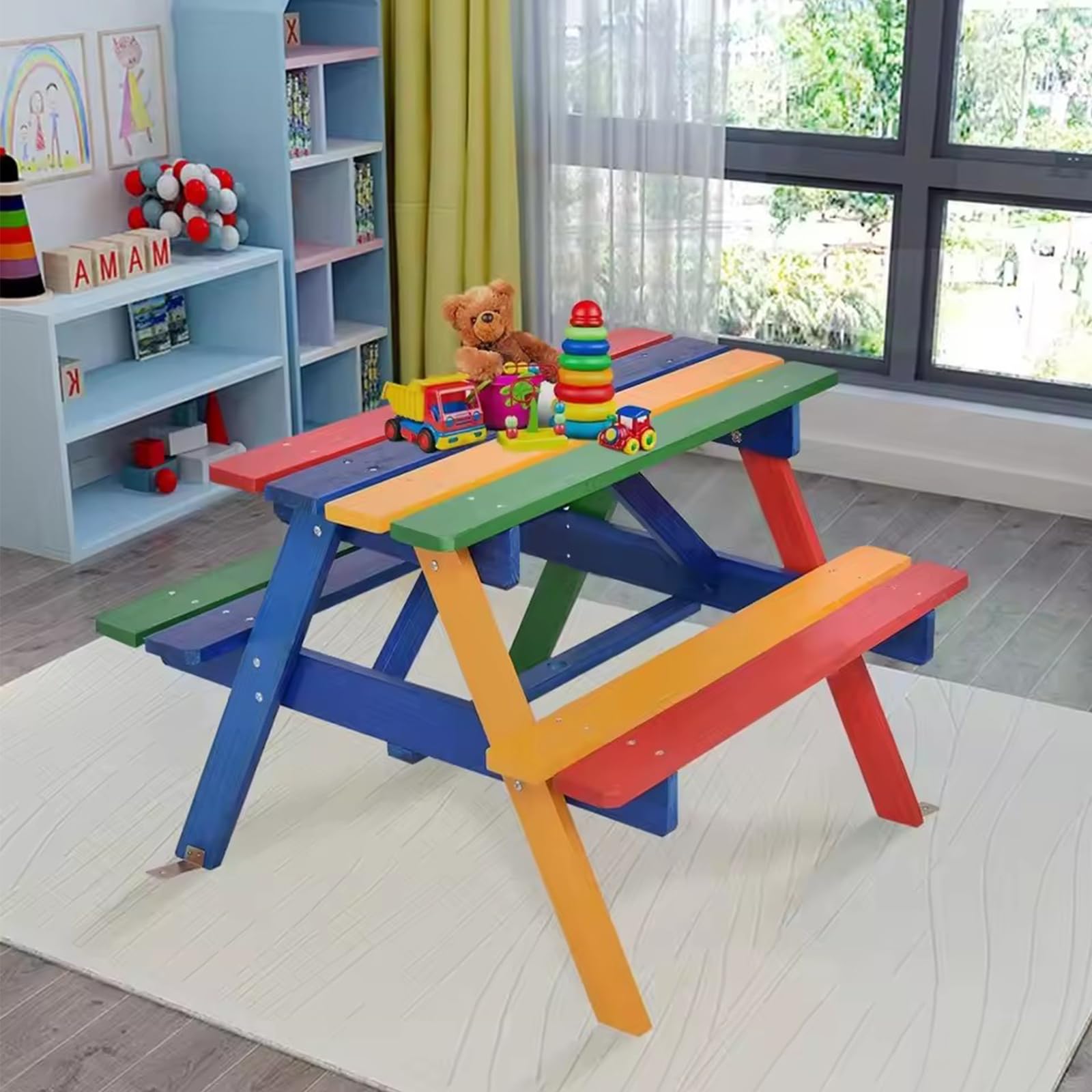 RUYICZB Kids Picnic Tables for Outdoors, Wooden Childrens Table & Bench Set with Removable Umbrella, Toddler Picnic Table Indoor Or Outdoor Activity Set for Backyard Or Patio