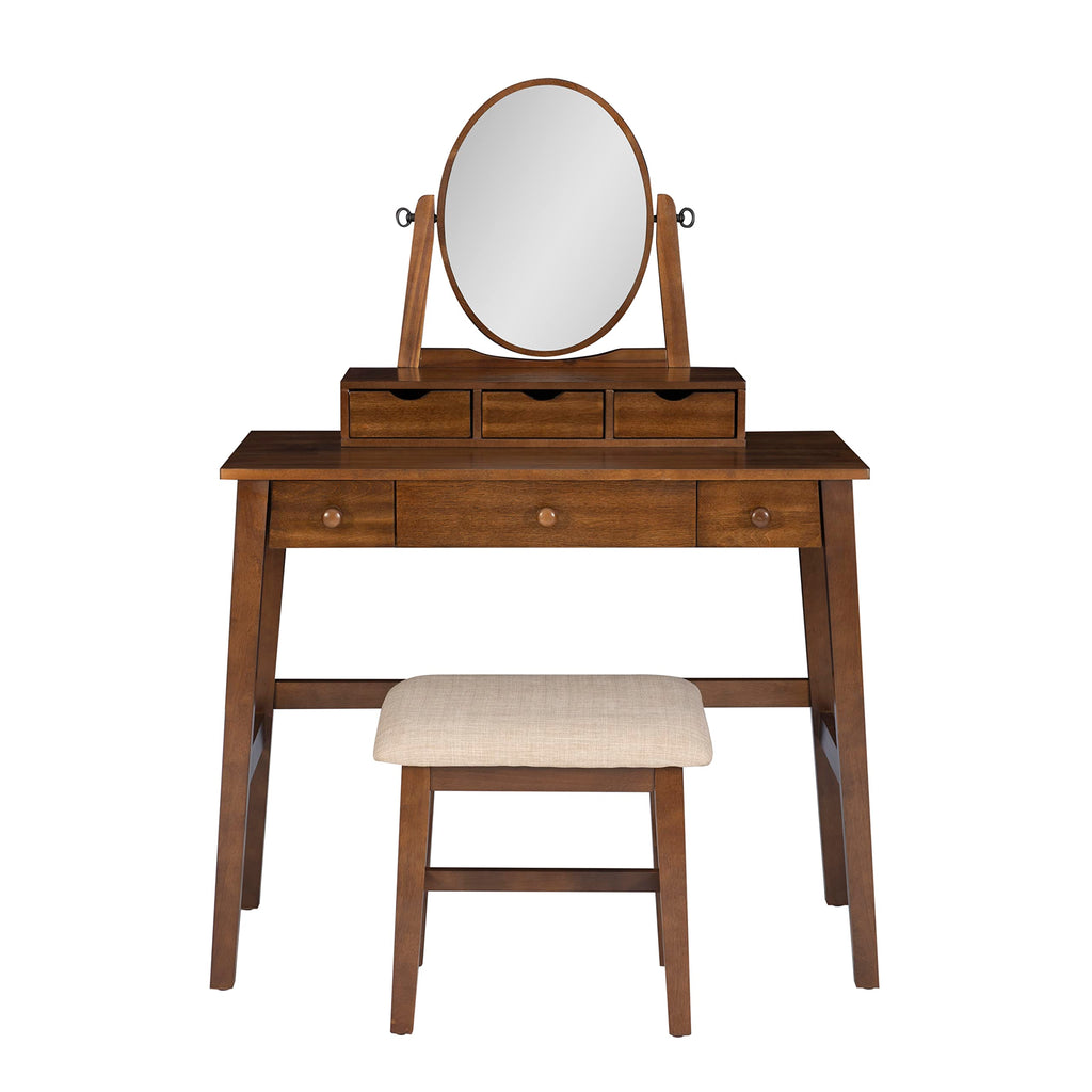 Linon MidCentury Walnut Upholstered Seat Beverly Vanity Set, Medium