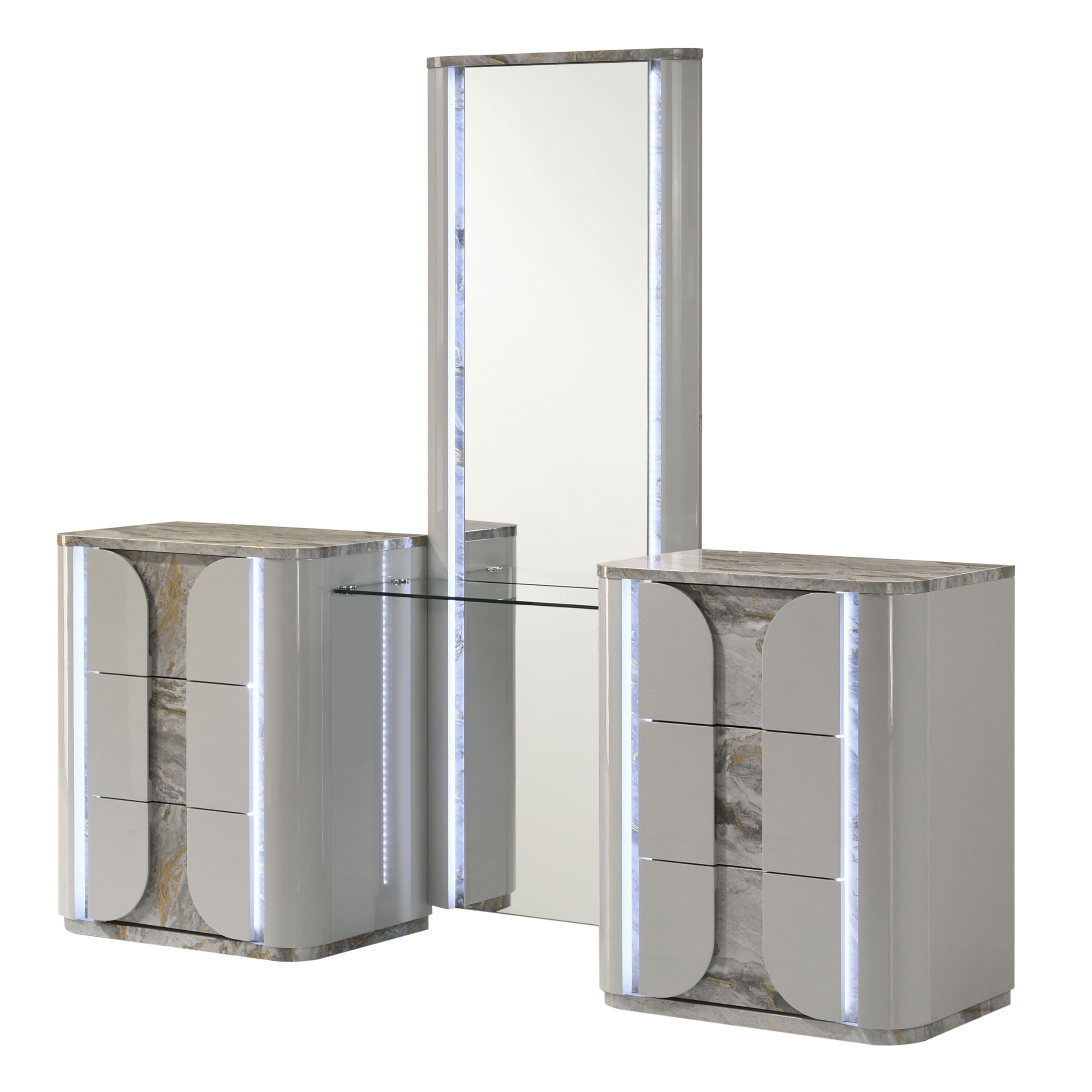 Furniture of America Bruna Modern Faux Marble 6-Drawer Makeup Vanity Set with Plush Tufting Stool, LED Full-Length Mirror and Tempered Glass Top, Wooden Dresser for Bedroom, Guest Room, Light Grey
