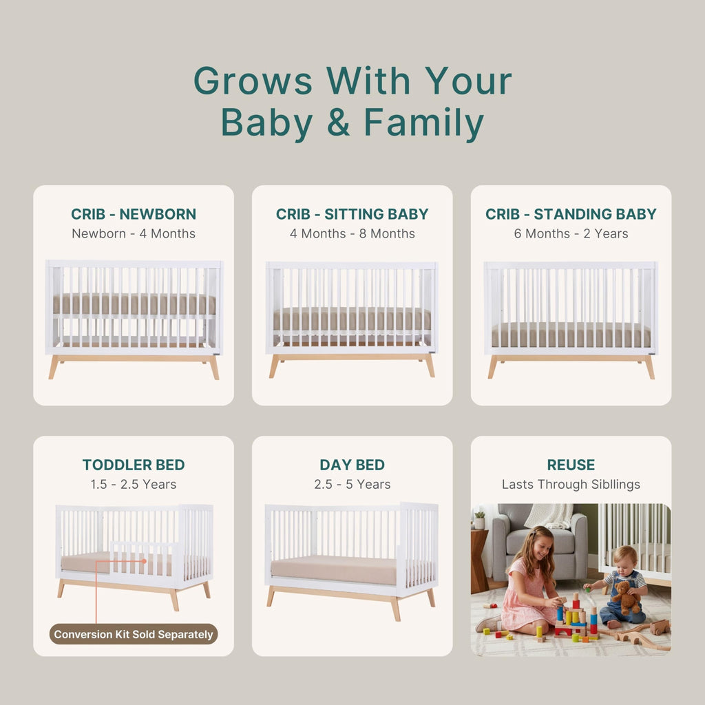 dadada Baby Soho 3-in-1 Convertible Wooden Crib to Toddler Bed - Made in Italy, GREENGUARD Gold Certified, Baby-Safe Finish, Handcrafted Beechwood, Modern Design, 3 Adjustable Heights (White/Natural)