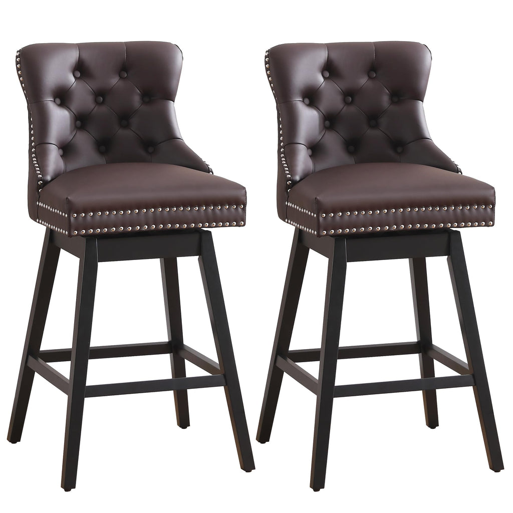 Fahomiss Brown Leather Swivel Bar Stools Set of 4 with Back, 26 Inch Counter Height Chairs, Solid Wood Legs, Tufted Seat, Comfortable and Stylish for Kitchen, Island, Home Bar（Brown, 4 Pack, 26" H）