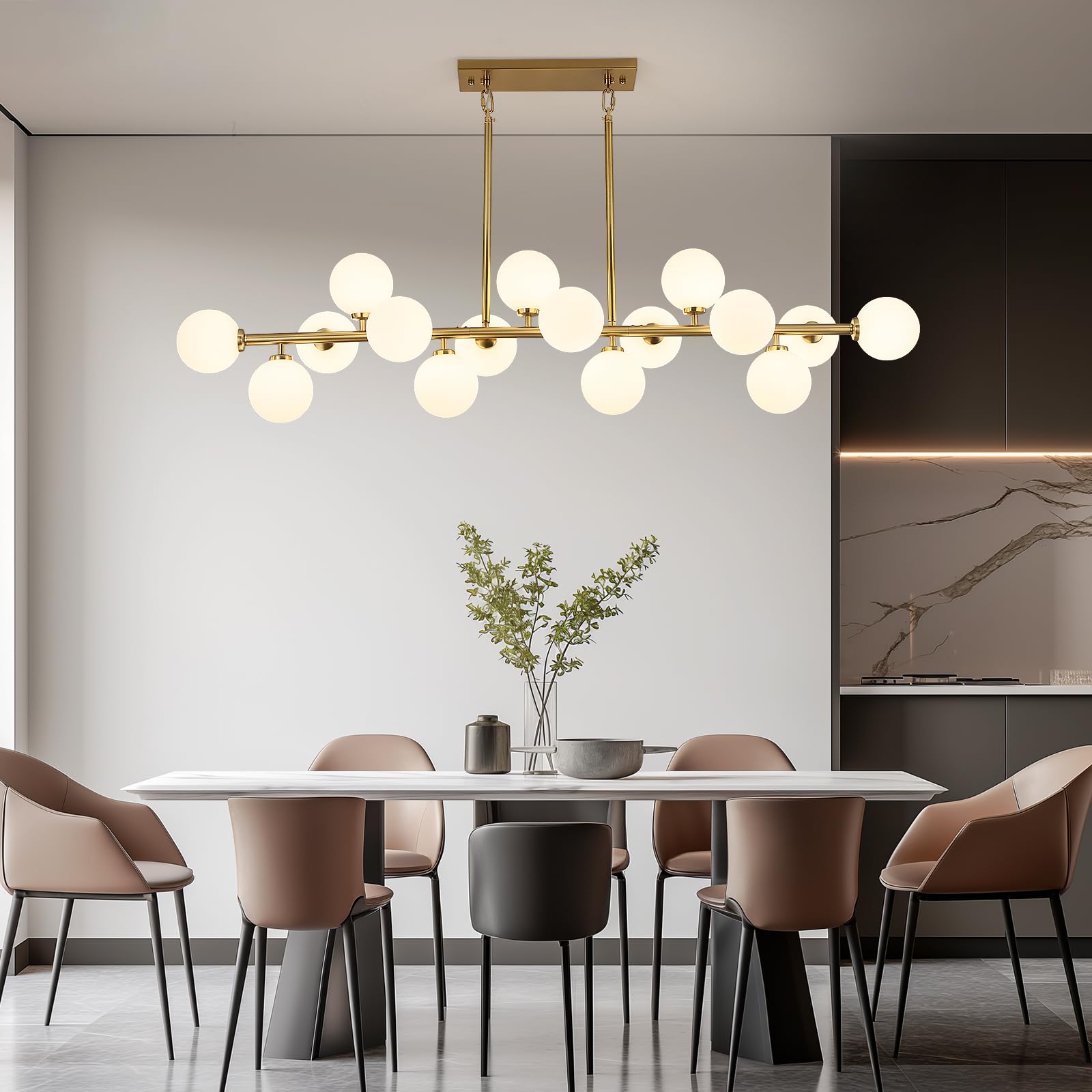 APLampara Mid Century Modern Chandelier 55in Linear Chandeliers 16-Light Brass Gold Pendant Lighting Fixture for Dining Room, Kitchen Island