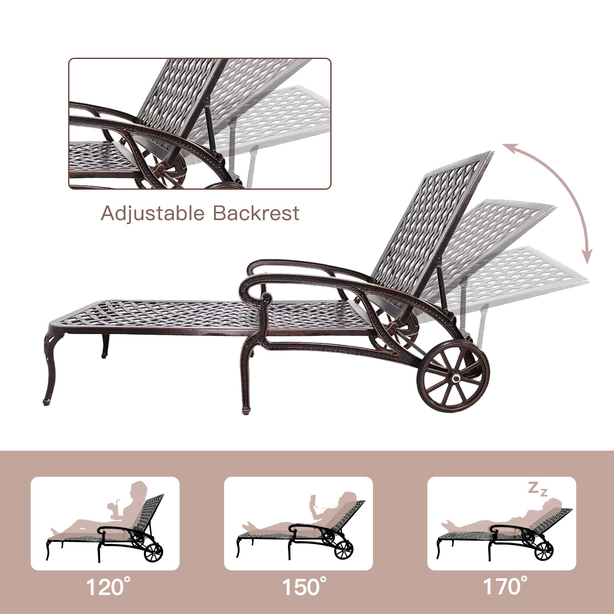 Villeston Chaise Lounges Outdoor - Lounge Chairs for Outside Pool Tanning Chair Adjustable Patio Reclining Cast Aluminum for Beach Yard, Antique Bronze