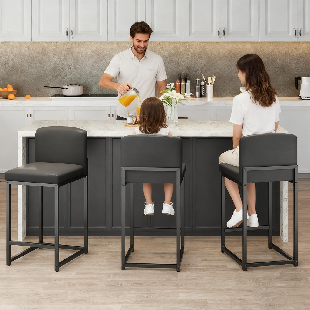 GarveeHome Bar Stools Set of 6, Modern Counter Height Bar Stools with Back and Footrest, Faux Leather Upholstered Barstools Chairs for Kitchen Island Dining Room Bar, Black