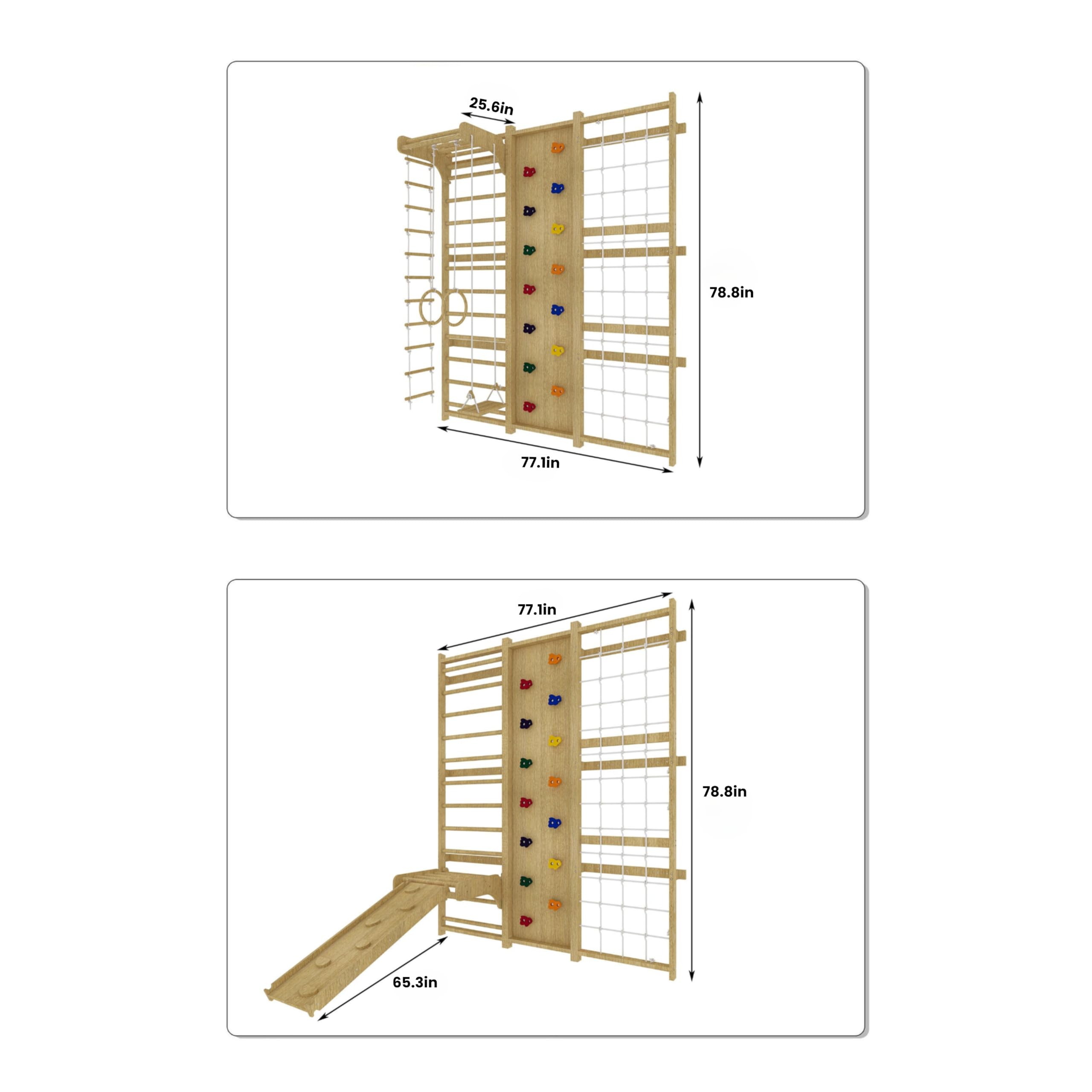 Avenlur Walnut 9-in-1 Swedish Ladder Wall Gym Set - 78.8 Inches - Trapeze Swing, Rope Ladder, Rock Wall, Rope Wall, Rock Ramp Climber, Slide, Pull-up Bar, Ladder and Swing