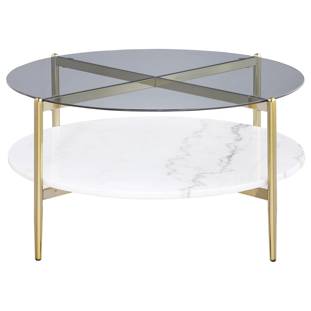 Coaster Home Furnishings - Jonelle - Round Coffee Table with Glass Top, White Marble Shelf and Gold Chrome Frame - Living Room - 33-Inch - Smoke - 710338