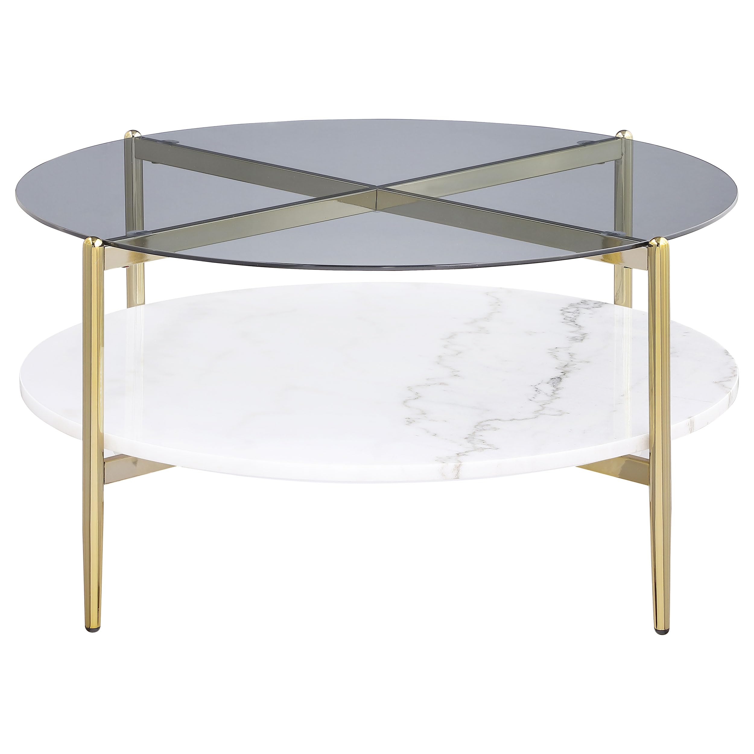 Coaster Home Furnishings - Jonelle - Round Coffee Table with Glass Top, White Marble Shelf and Gold Chrome Frame - Living Room - 33-Inch - Smoke - 710338
