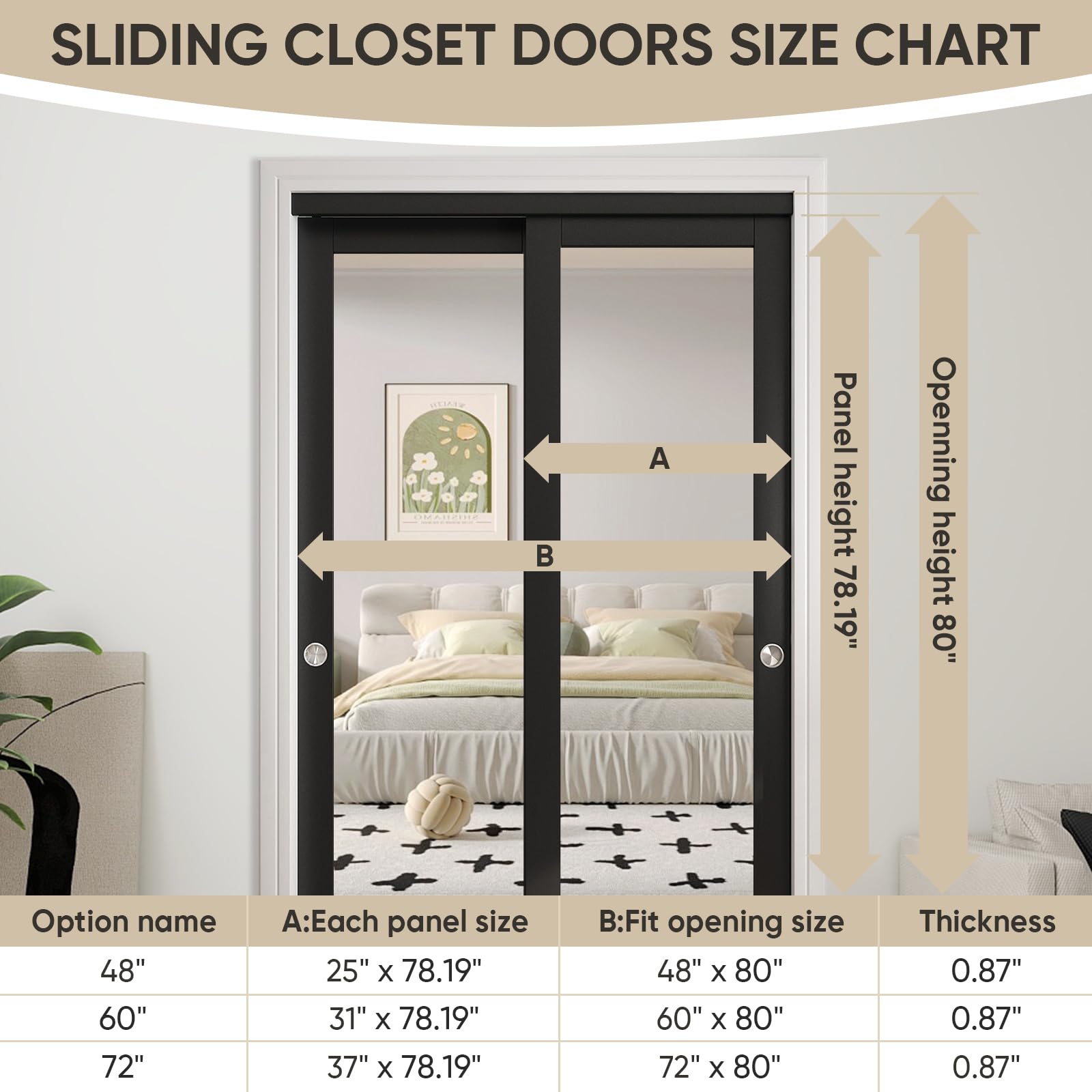 JUBEST 48" x 80" Mirror Closet Door, Preassembled One Side Mirror Door with Hardware Kit & Matching Fascia, Solid Wood Frame with Water-Proof PVC Surface, Easy to Install, Black