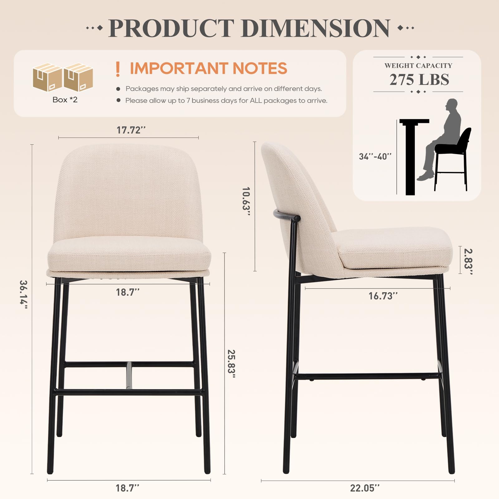 COLAMY Counter Height Bar Stools Set of 4, 25 Inch Modern Fabric Kitchen Island Stools with Back, Upholstered Counter Barstools Armless Bar Chairs with Metal Legs for Island Dining Room Bar, Beige