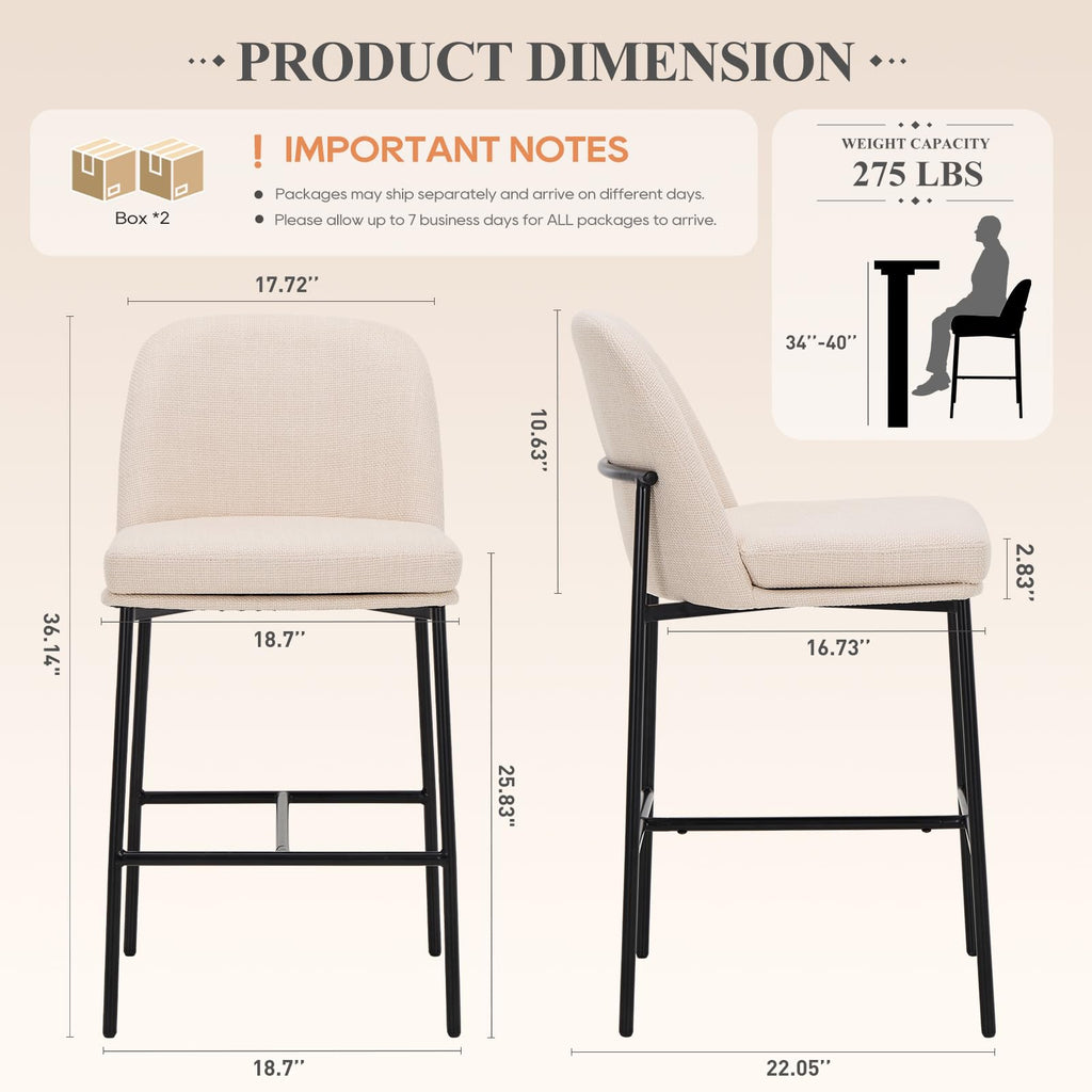 COLAMY Counter Height Bar Stools Set of 4, 25 Inch Modern Fabric Kitchen Island Stools with Back, Upholstered Counter Barstools Armless Bar Chairs with Metal Legs for Island Dining Room Bar, Beige