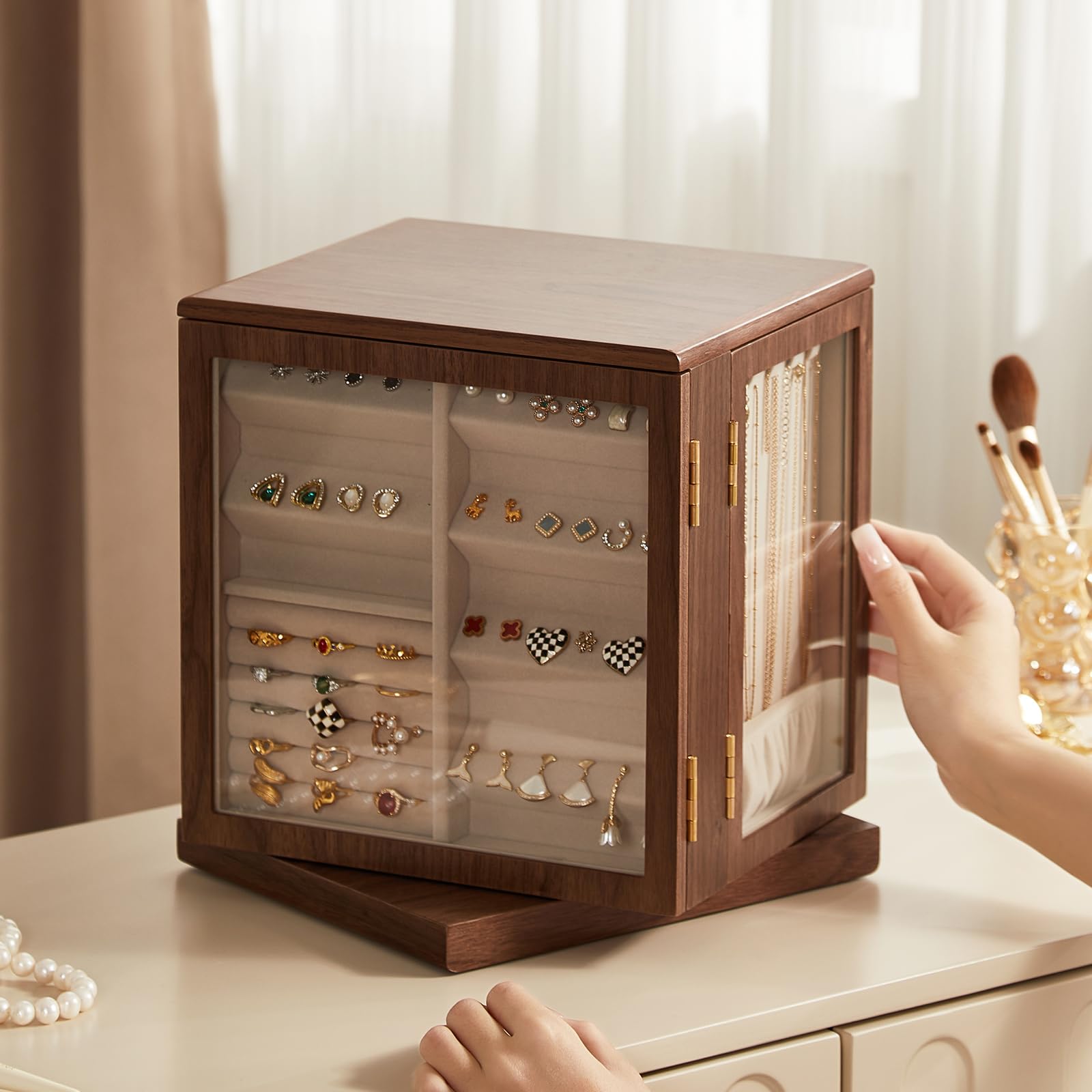 CHOSIN Black Walnut Wooden Jewelry Box, 360° Rotating Organizer with Glass Lid, 5 Drawers for Earrings, Rings, Necklaces – Vertical Jewelry Storage for Women, Ideal Gift for Her