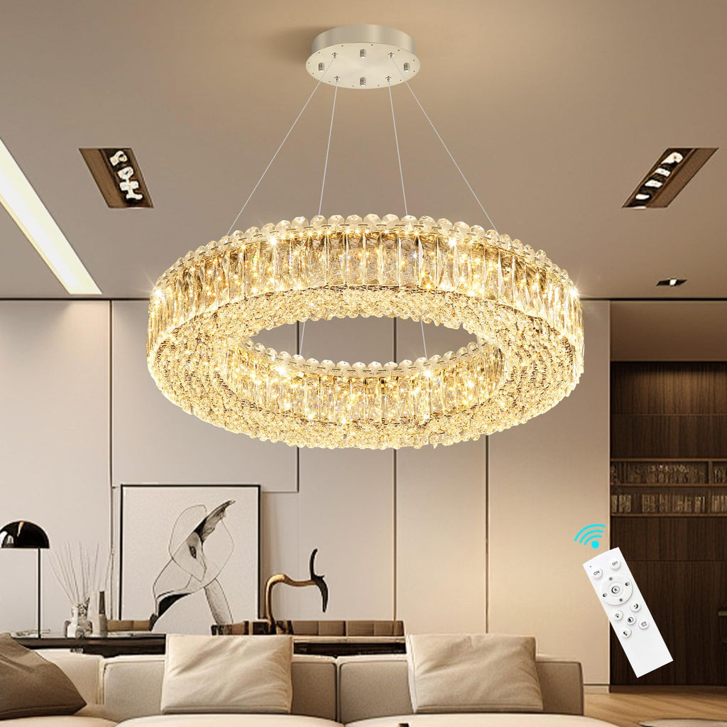 24'' Modern Crystal Chandeliers Large Ring Chandelier for Living Room LED Dimmable Ceiling Light for Dining Room High Ceiling Chandeliers for Foyer Entryway Silver