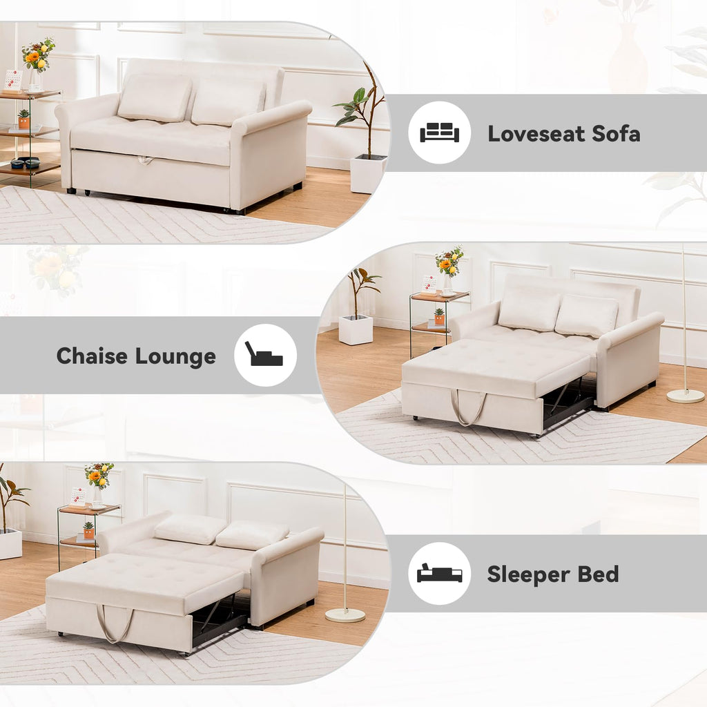 COMHOMA Convertible Sofa Bed,55" Sleeper Sofa Bed,3-in-1 Pull Out Couch Bed with Reclining Backrest and Pillows,Convertible Sleeper Loveseat for Living Room(White)