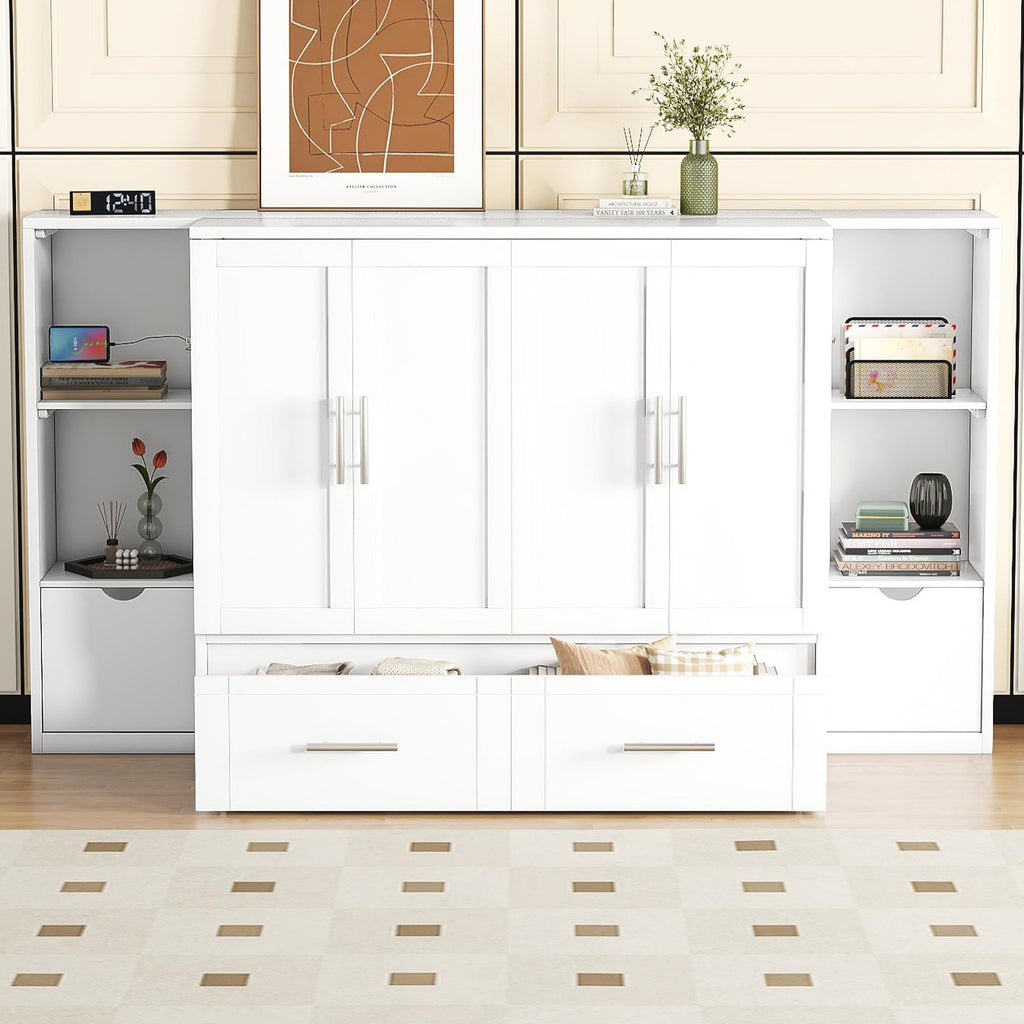 Merax Murphy Bed Queen Size Cabinet with Storage 2 Drawers 6-Layer Shelves and USB Ports, Wood Versatile Platform Bed Frame