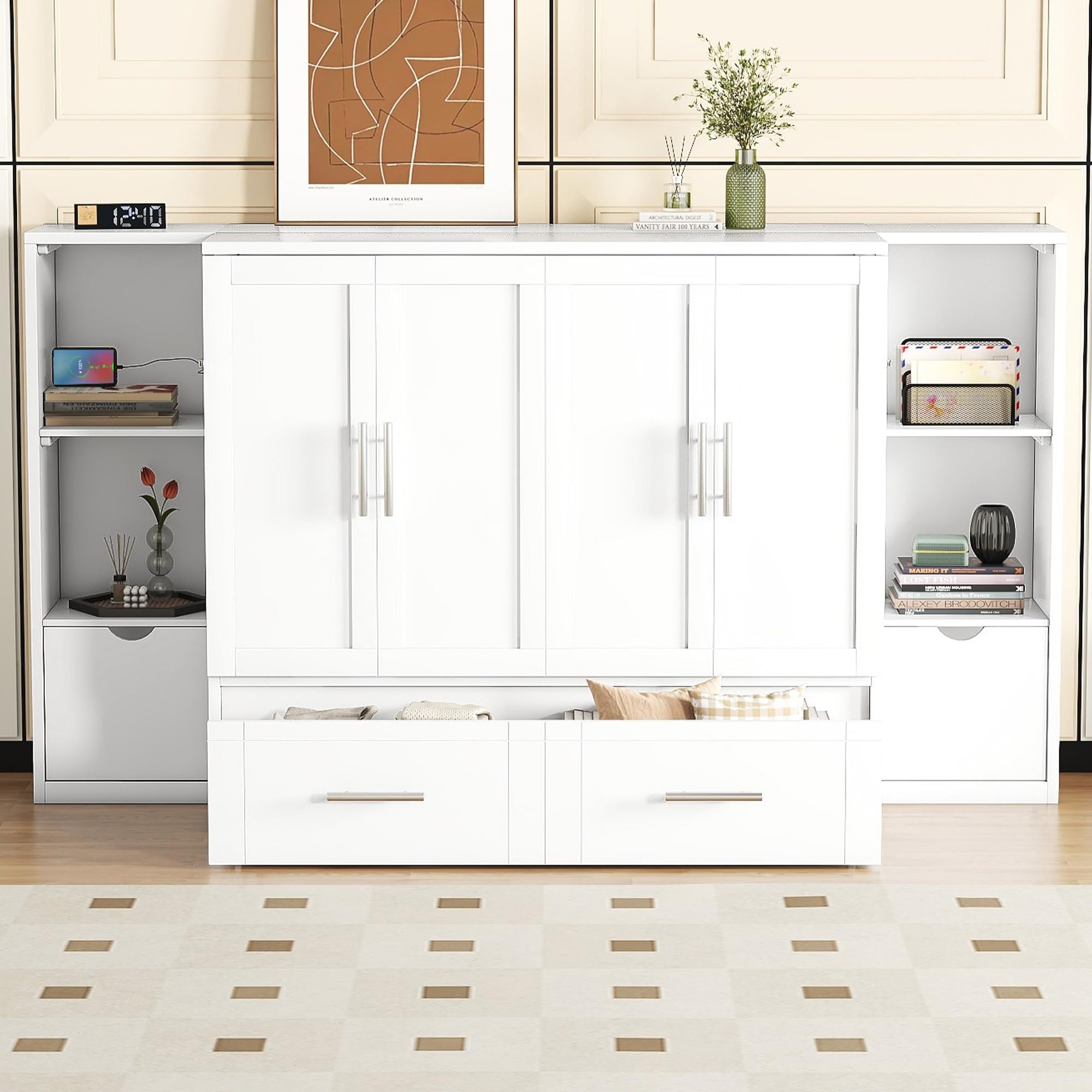 Merax Murphy Bed Queen Size Cabinet with Storage 2 Drawers 6-Layer Shelves and USB Ports, Wood Versatile Platform Bed Frame