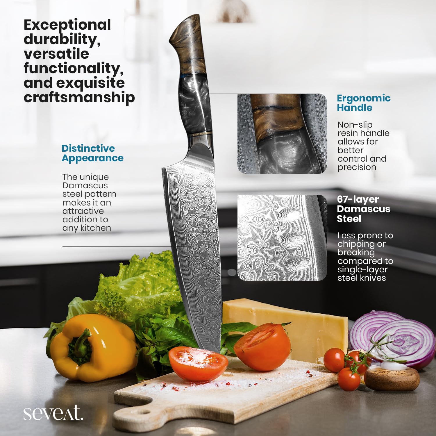 Seveat Damascus Kitchen Knife Set | 67-Layer Damascus Steel | Professional Japanese Chef Knife Set | Ergonomic Wood & Resin Handle | Gift Box Included (Black, 5-Piece Set)