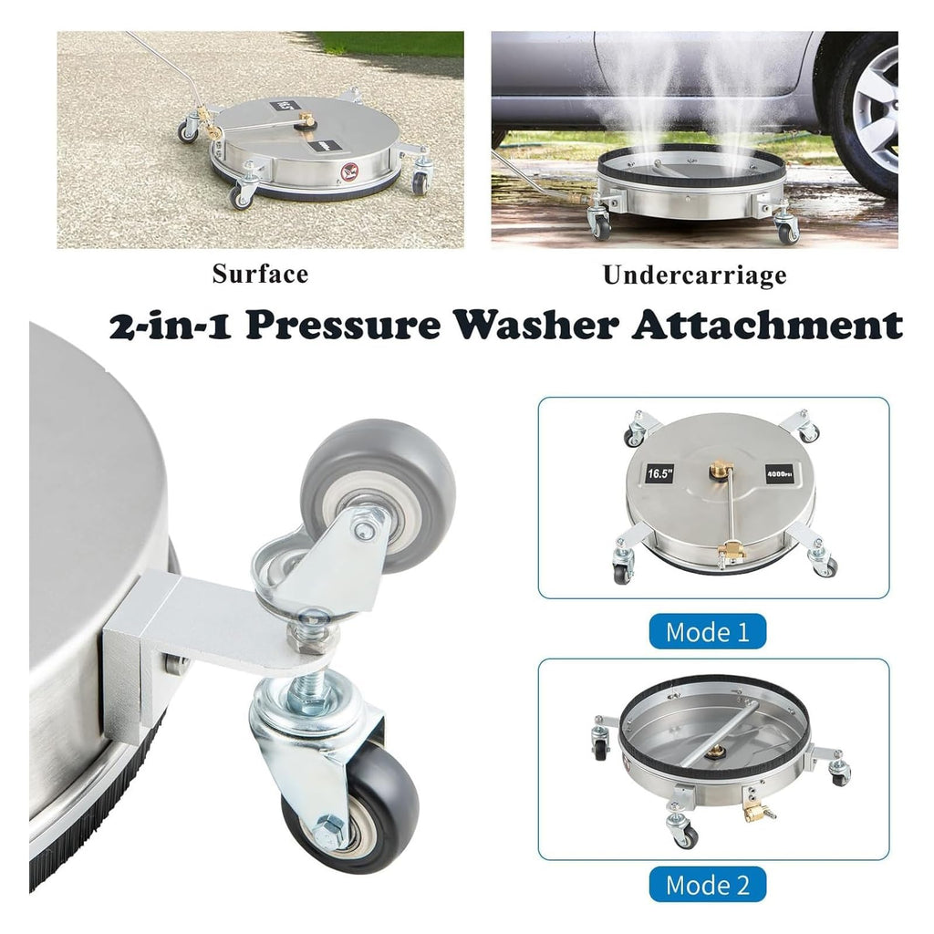 TRELVEX 16.5in Pressure Washer Surface Cleaner, 2 in 1 Stainless Steel Power Washer Attachment with 4 Wheels, 2 ExWands, 1/4" Quick Connector, Undercarriage Cleaner for Sidewalks, 4000 PSI