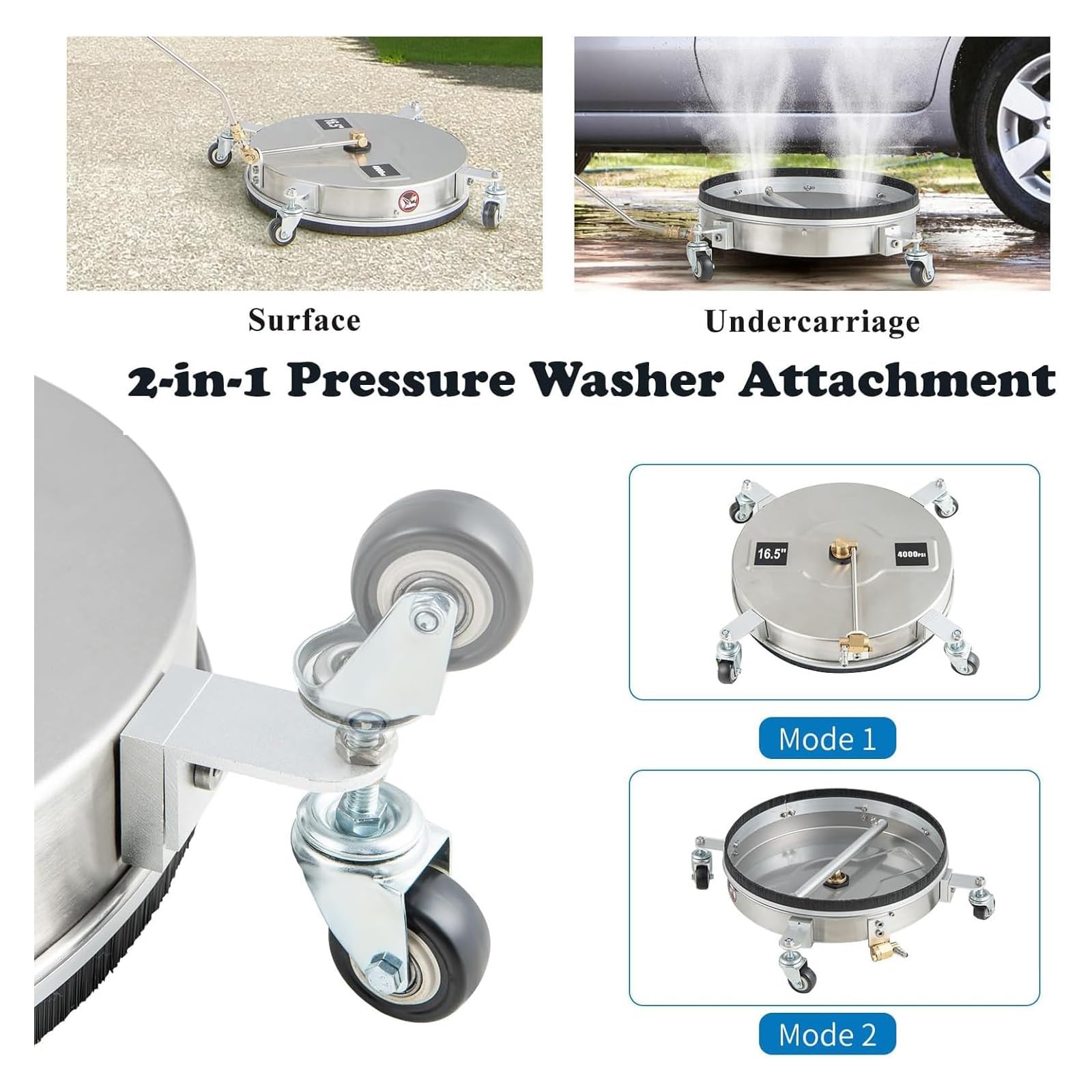 TRELVEX 16.5in Pressure Washer Surface Cleaner, 2 in 1 Stainless Steel Power Washer Attachment with 4 Wheels, 2 ExWands, 1/4" Quick Connector, Undercarriage Cleaner for Sidewalks, 4000 PSI