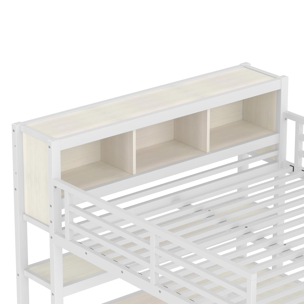 Bellemave Queen Loft Bed with Desk & Wardrobe, Heavy Duty Metal Loft Beds with Storage Shelves, Space Saving Loft Bed Queen Size with Safety Guard, White Wood Grain